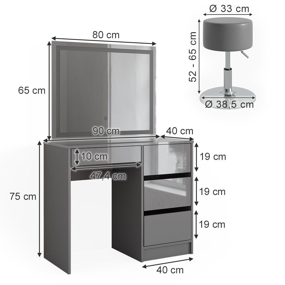 Vicco Schminktisch Sherry, Grau Hochglanz, 90 cm mit LED Spiegel und Hocker (3-St)