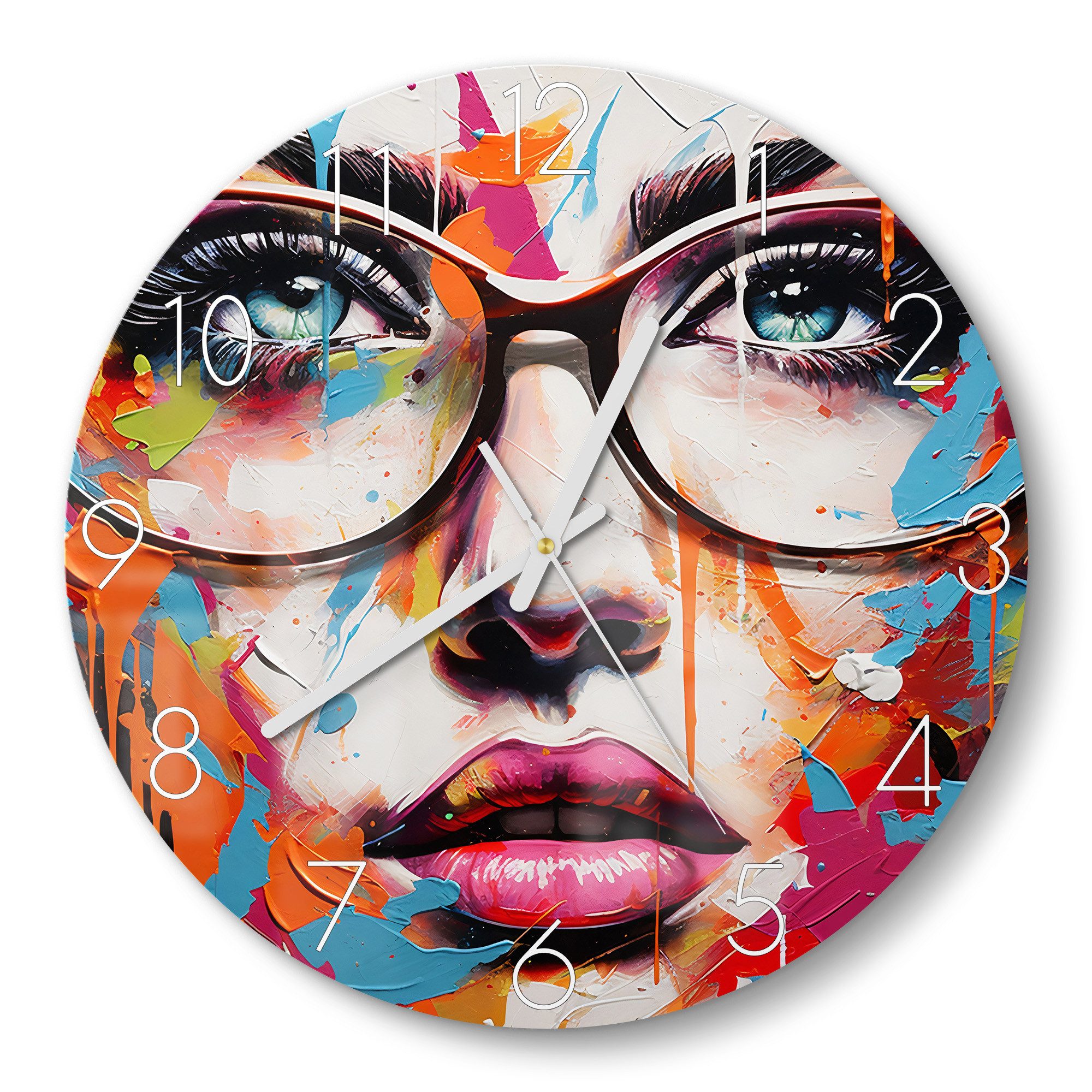 DEQOART Wanduhr 'Farbenspiel des Blicks' (Glas Glasuhr modern Wand Uhr Design Küchenuhr)