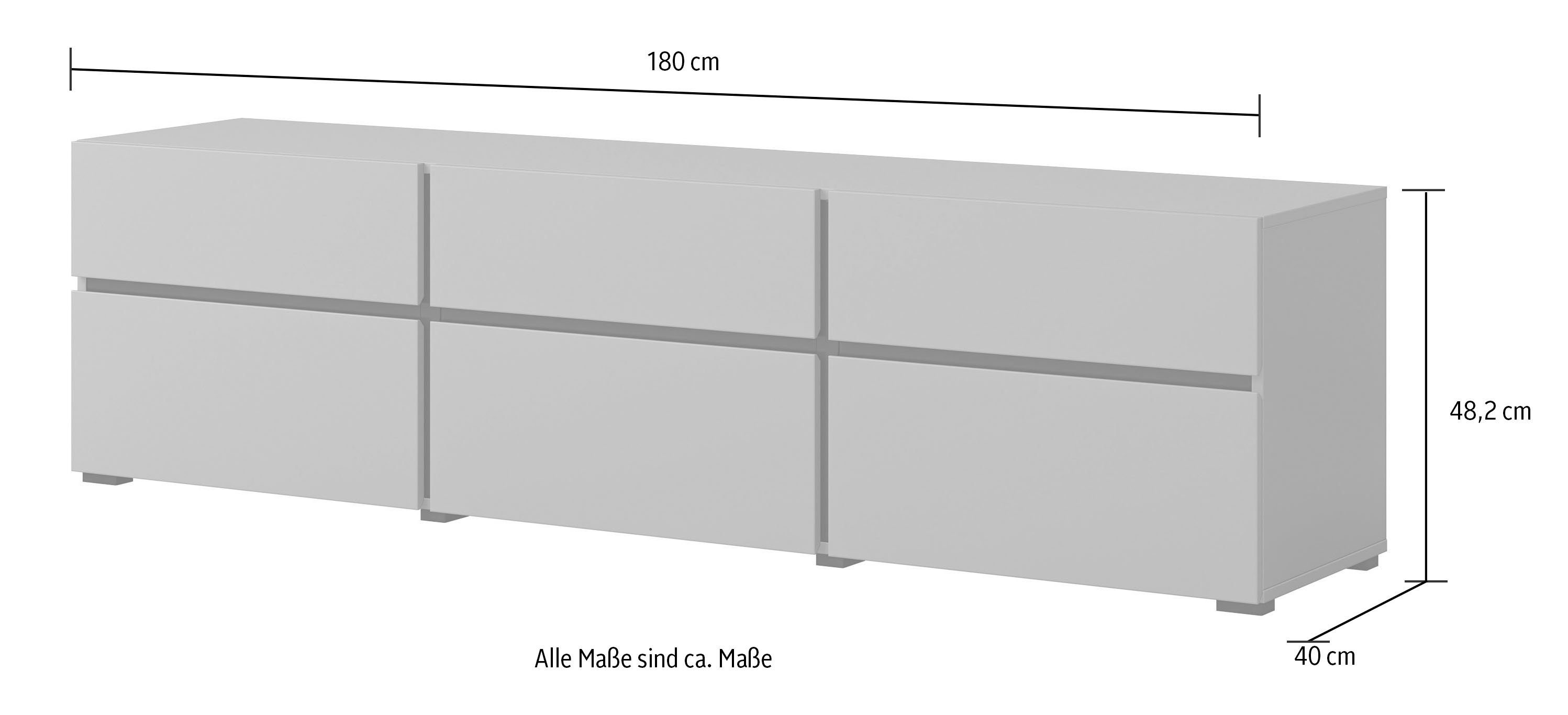 OTTO home Lowboard Cross, moderne grifflose TV-Kommode,3 Klappen/3 Schubkästen, Breite 180 cm, TV-Schrank mit viel Stauraum, TV-Board