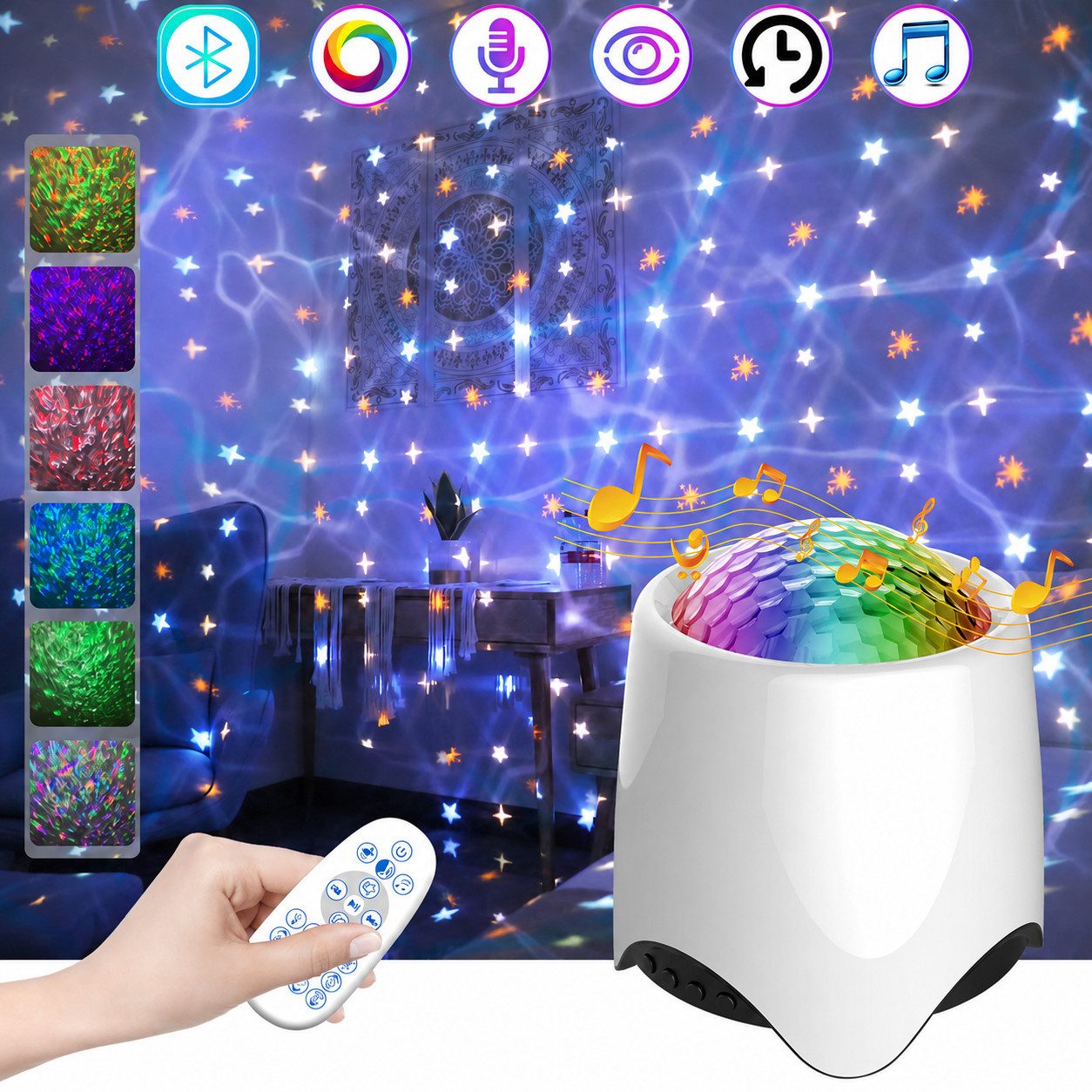 Lapamax Projektionslampe LED Sternenhimmel-Projektionslampe mit Bluetooth, Fernbedienung, 6 W, dimmbar, LED fest integriert, mehrfarbig, Galaxy-Projektor mit 56 Lichteffekten, USB, Musikmodus und 2-h-Timer