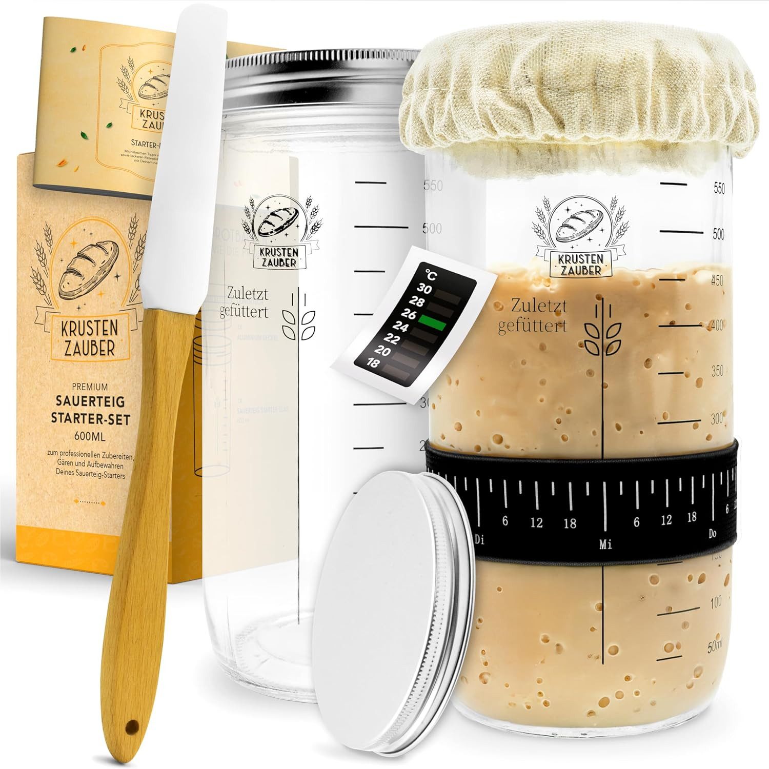 Krustenzauber Brotbackform Sauerteig Starter Set - Gärglas mit Spatel u. Thermometer -, (Brot Backen Zubehör, Sauerteig Glas, Fermentieren, 2-tlg), Sourdough Starter Kit, Anstellgut Glas Behälter, Fermentierglas
