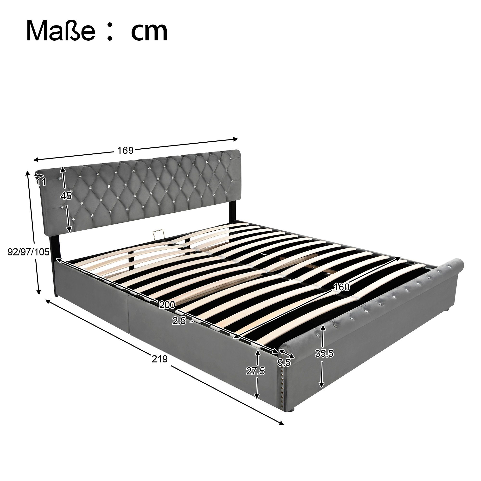 Boxspringbett (Doppelbett 160 x 200 cm, Polsterbett mit kristall schnalle, Lattenrost und Bettkasten), Hydraulisches Bett Funktionsbett mit höhenverstellbar Kopfteil, Samt