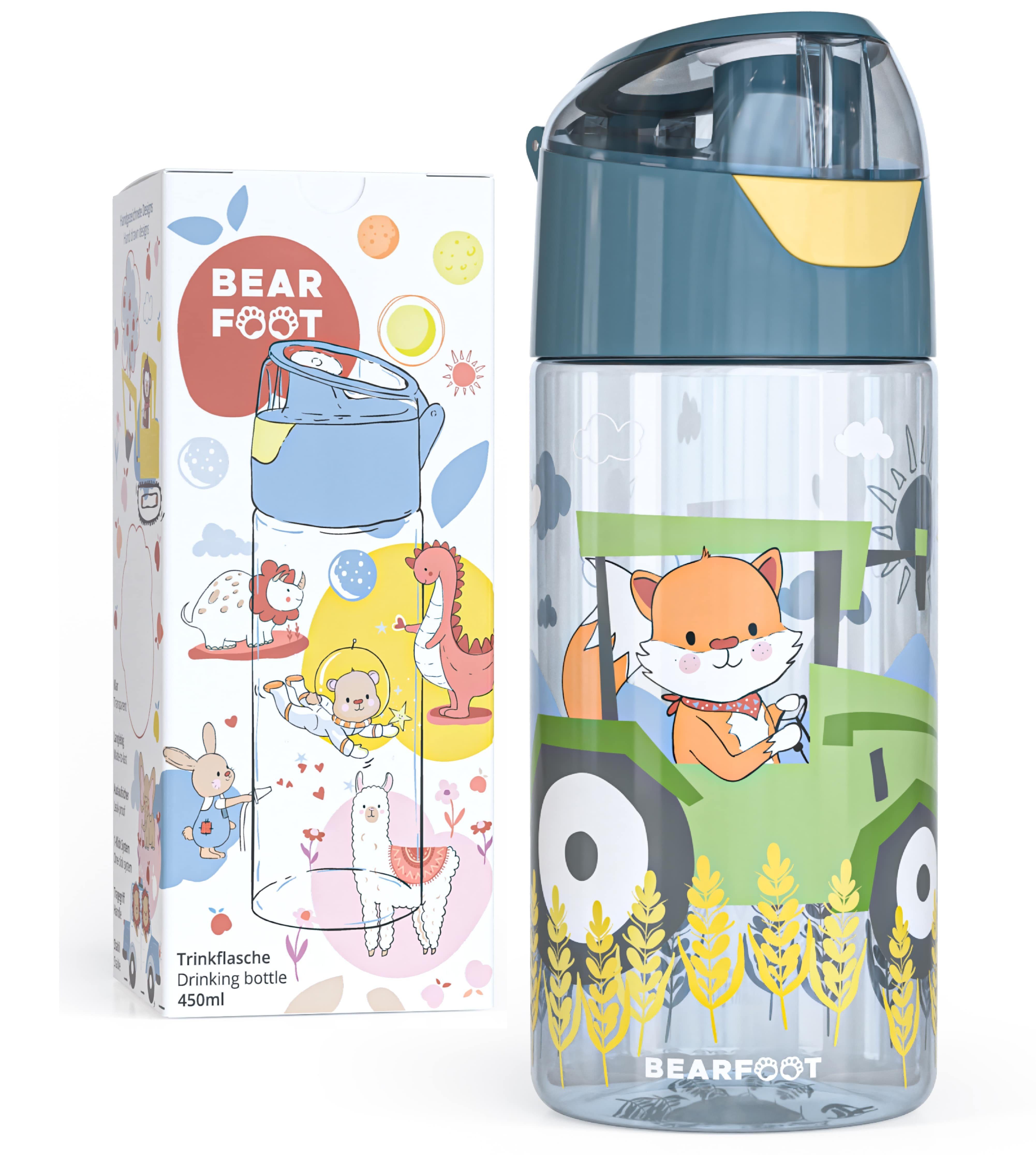 BEARFOOT Trinkflasche Trinkflasche Kinder, leichte Wasserflasche - Traktor Fuchs Traktorfuchs-blau