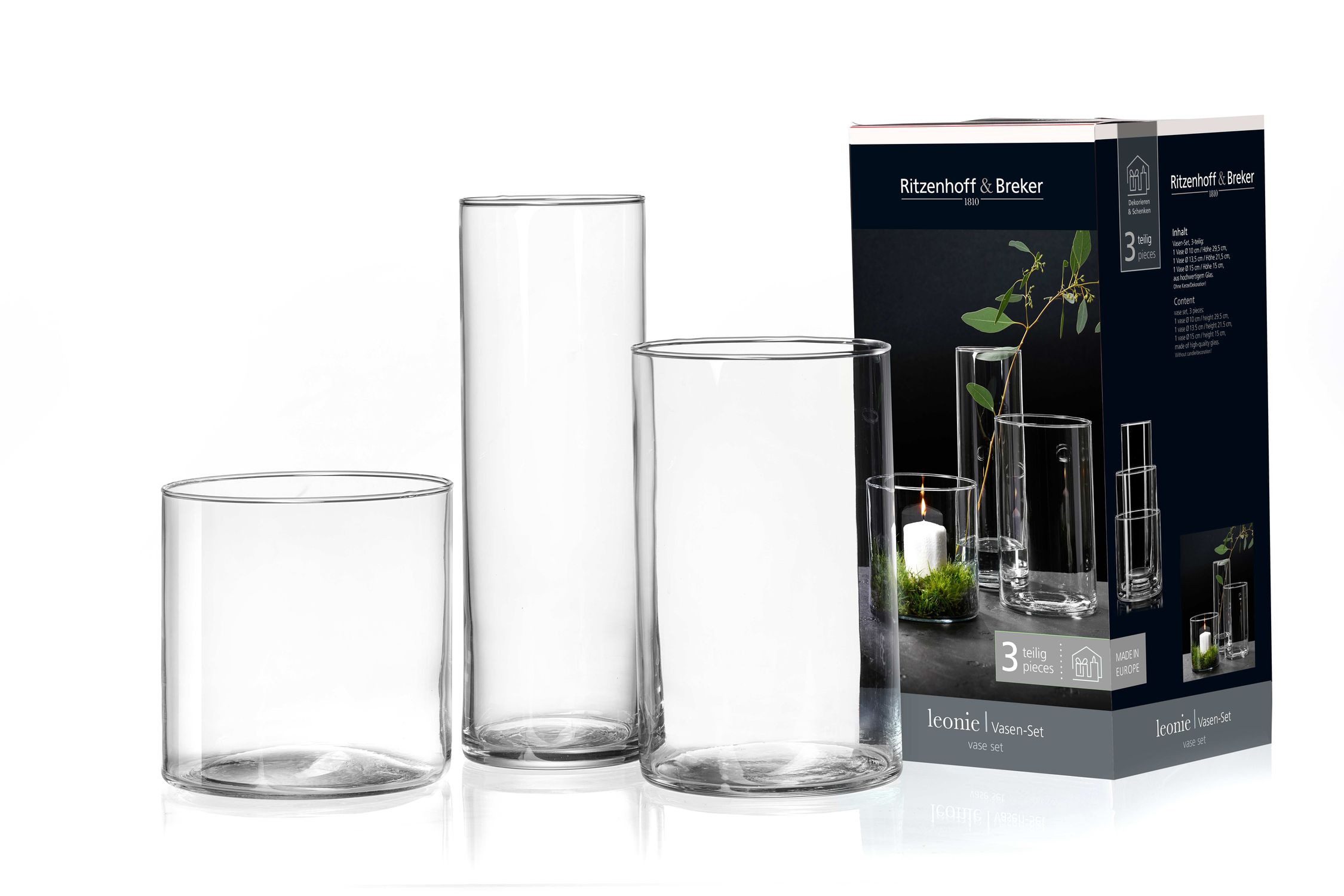 Ritzenhoff & Breker Tischvase Leonie 3-teiliges Vasen-Set aus Glas für Blumen und Windlichter (3 St), 3-teiliges Set – Bild 2 von 2