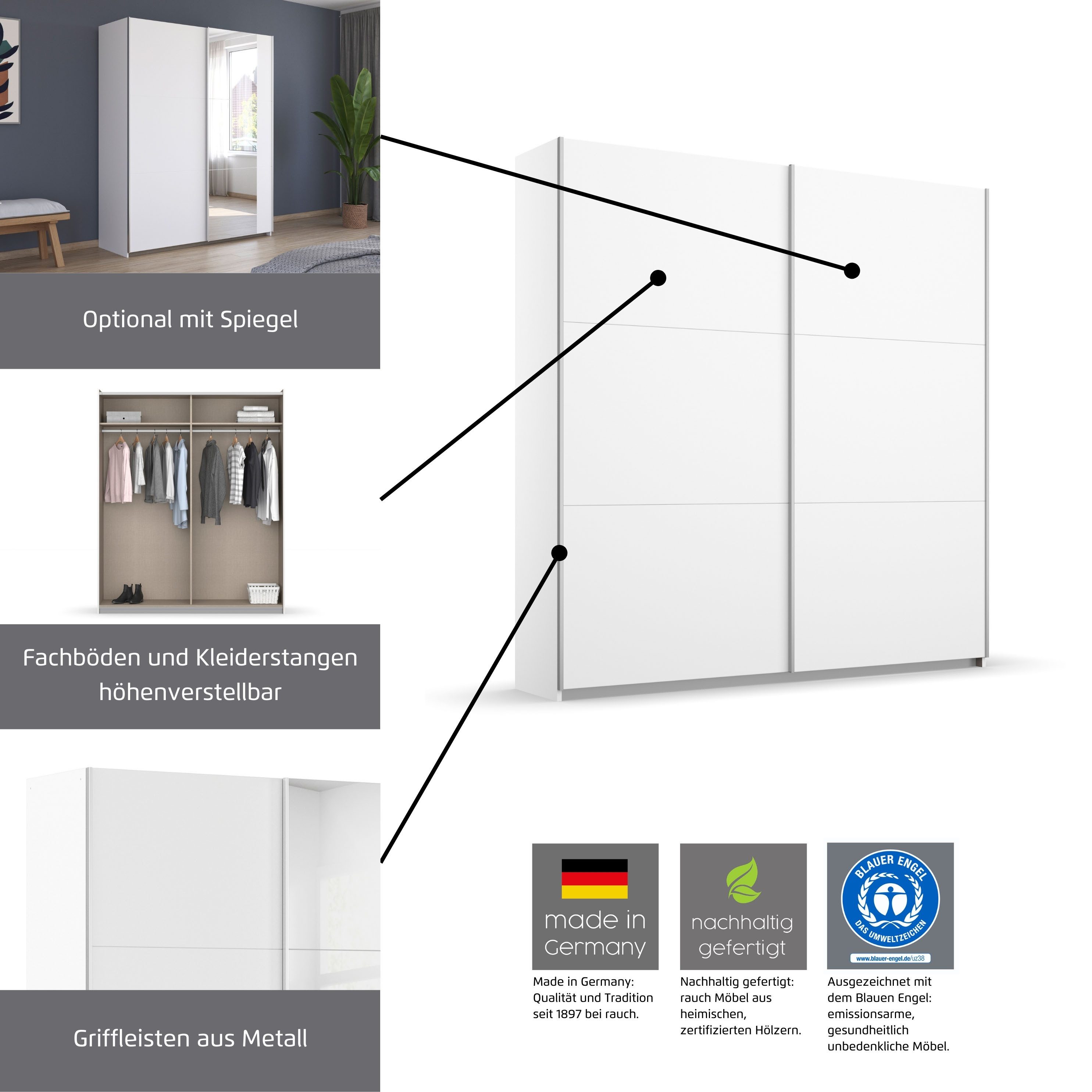 rauch Schwebetürenschrank AURELIO Kleiderschrank Garderobe TOPSELLER (3 Ausstattungen BASIC/CLASSIC/PREMIUM (inkl. SOFT-CLOSE-FUNKTION) 3 verschiedene Ausstattungsvarianten Griffe aus Metall MADE IN GERMANY