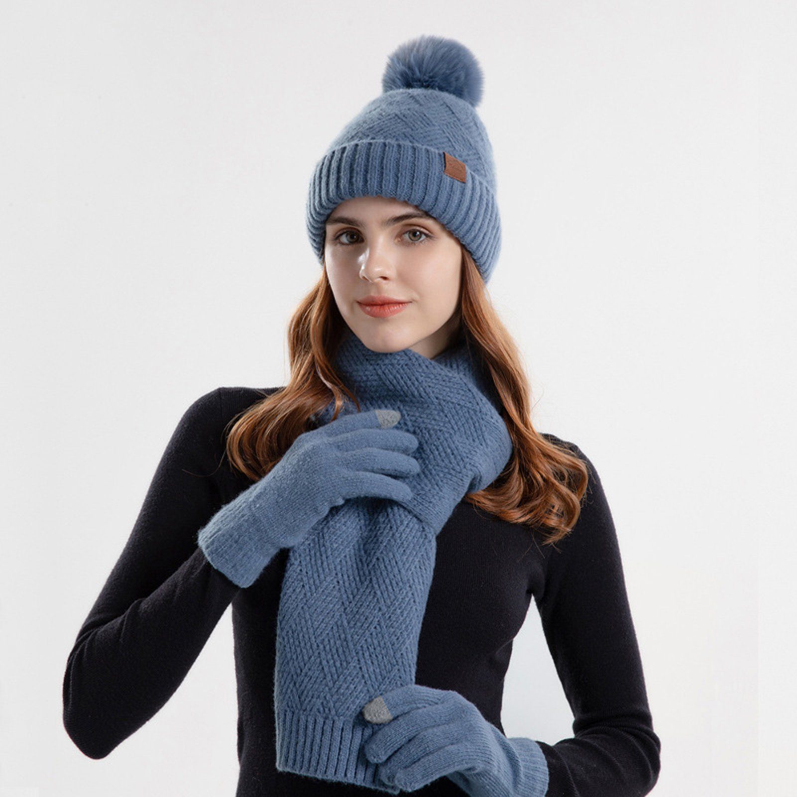 Rutaqian Schal 3 Handschuhe,Damen 1 Damen In Strickmütze Strickmütze Set, Blau Winter Warme