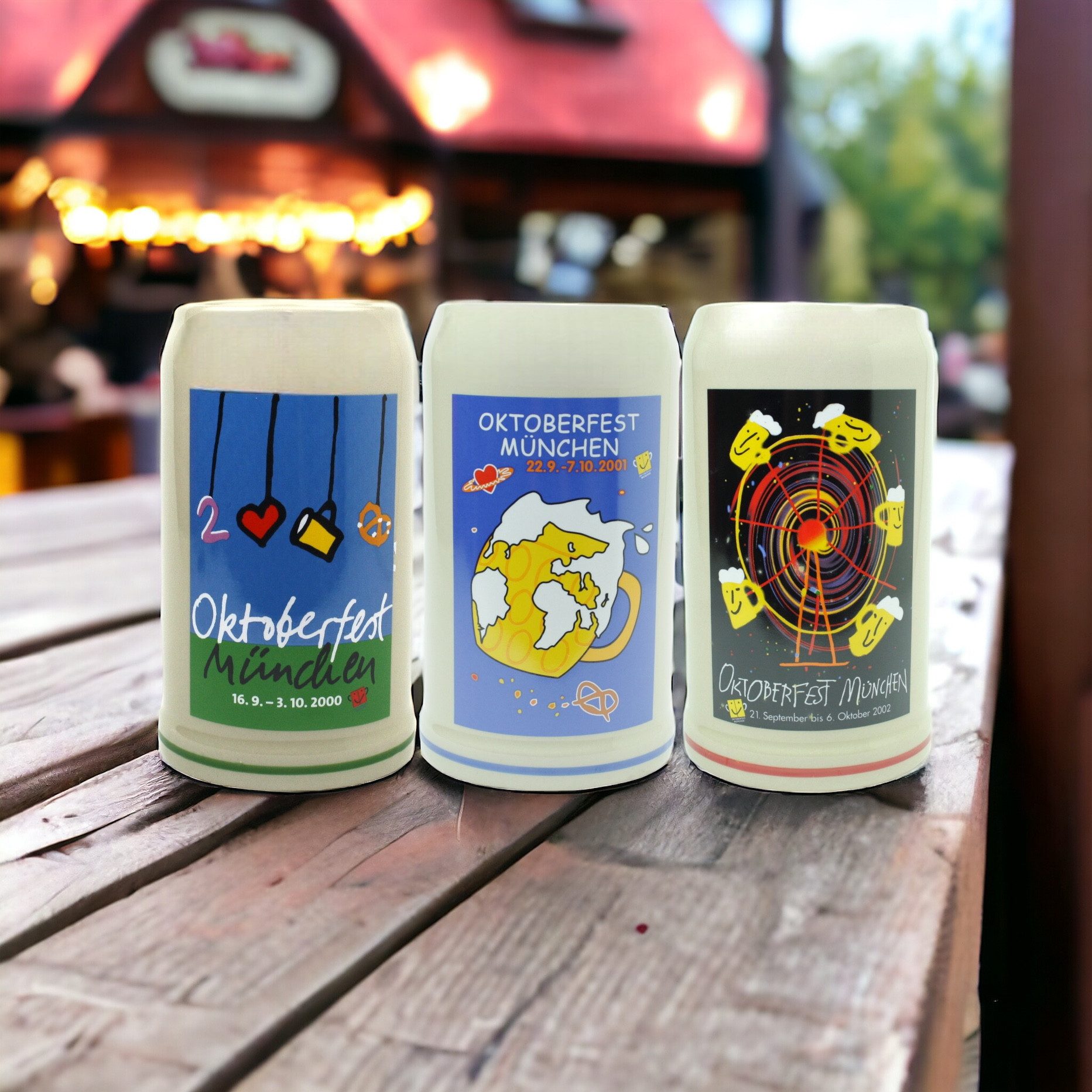 Steinfixx® Bierkrug Original Oktoberfestkrug 2000, 2001 und 2002 I Sammlerkrüge, 1-tlg., Steinzeug, Jeweils 1 Liter mit orig. Verpackung