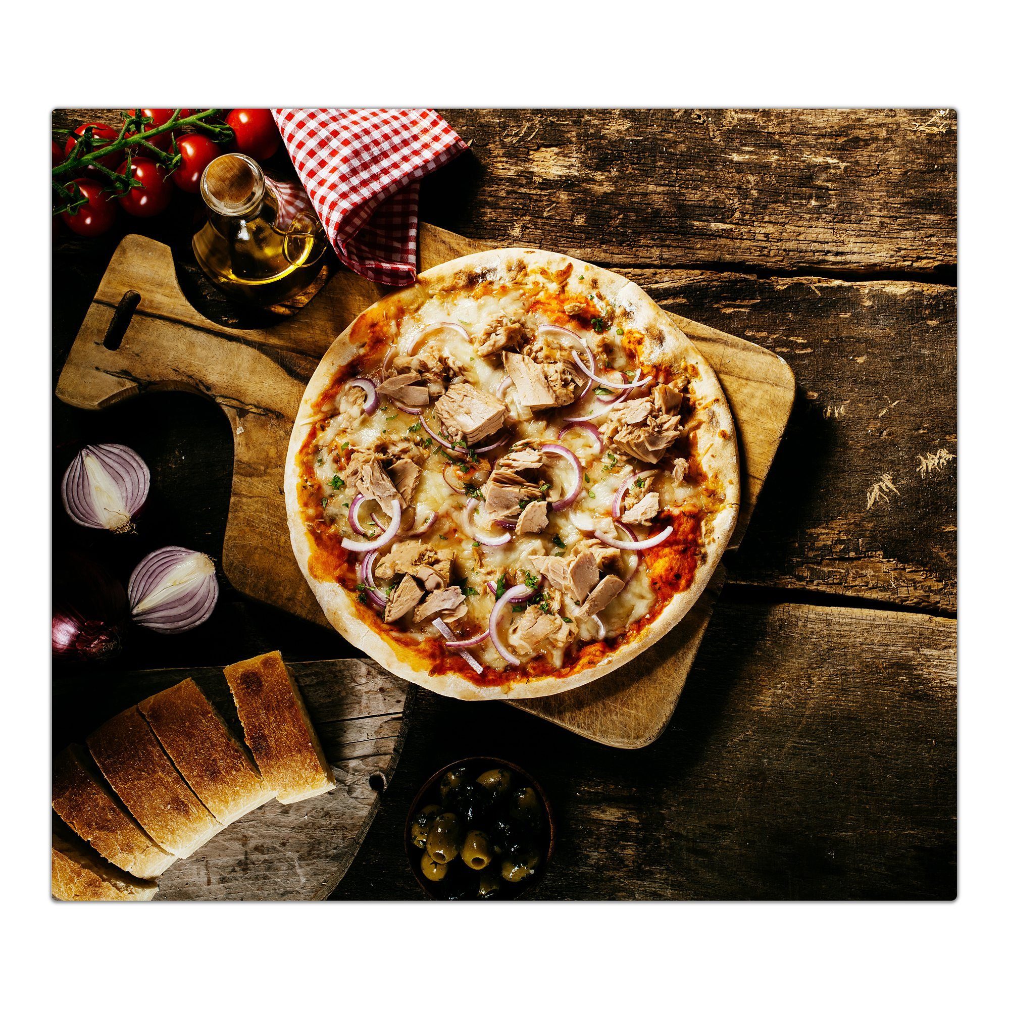 Primedeco Glas, Herdabdeckplatte Pizza (1 tlg) auf aus Herd-Abdeckplatte Holztisch, Spritzschutz Glas