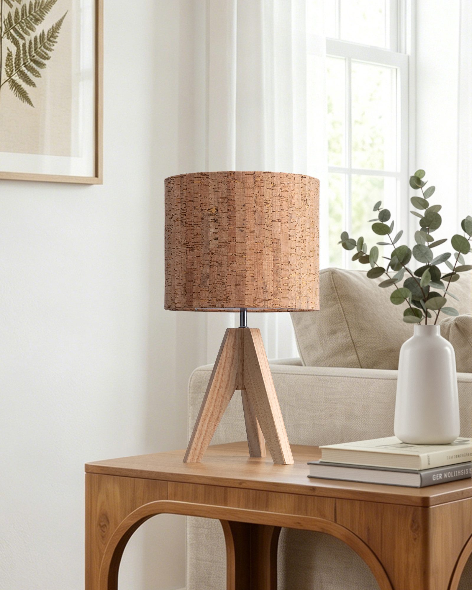 EDISHINE Nachttischlampe Vintage Tischlampe Holz mit Stoffschirm, inkl. Leuchtmittel, LED wechselbar, Warmweiß, Lampenschirm aus Leinen, für Deko, Schlafzimmer, Wohnzimmer
