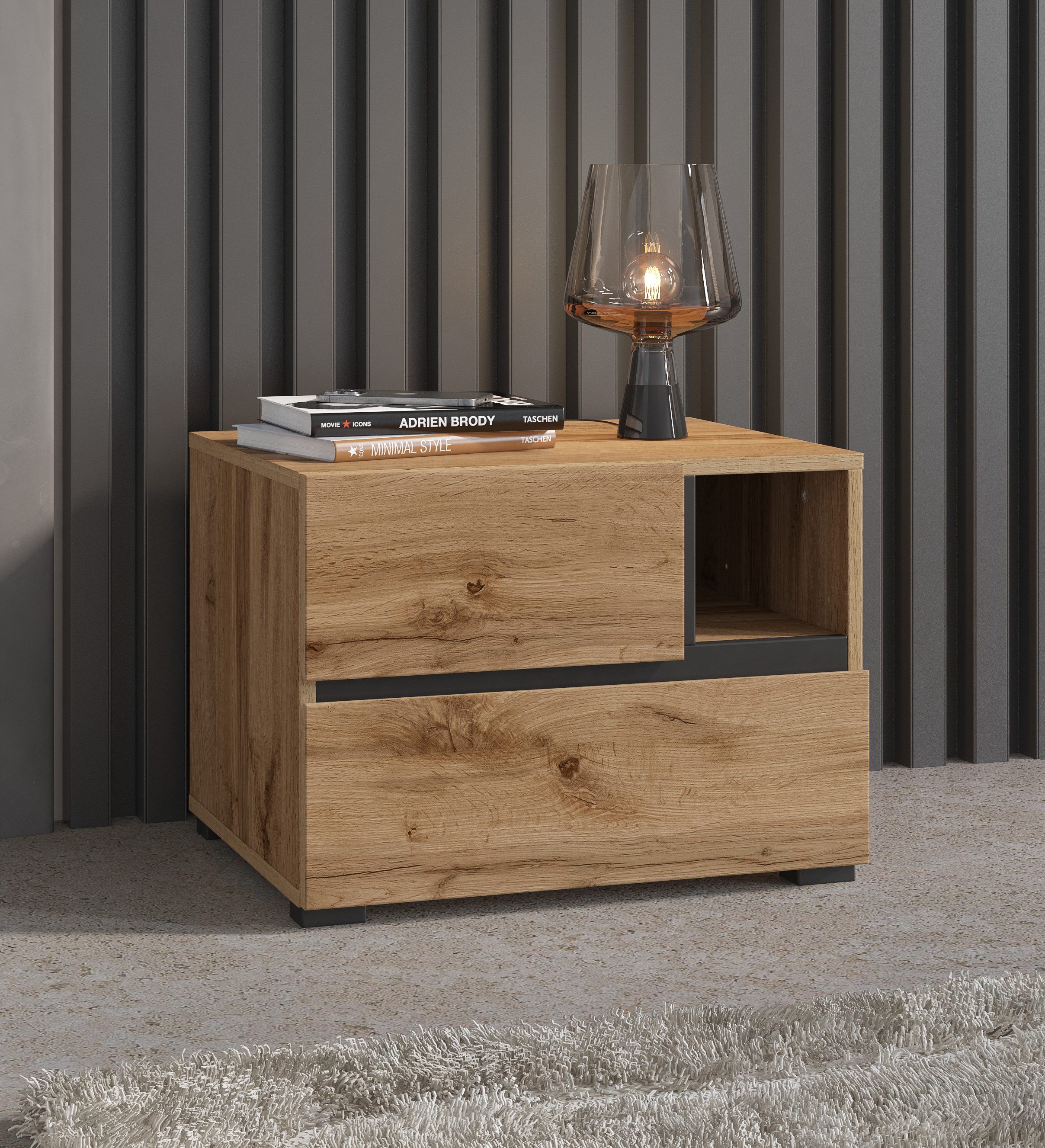 OTTO home Nachtkommode Cross, moderner griffloser Nachtschrank, Nachttisch, Nachtkonsole mit 2 Schubladen