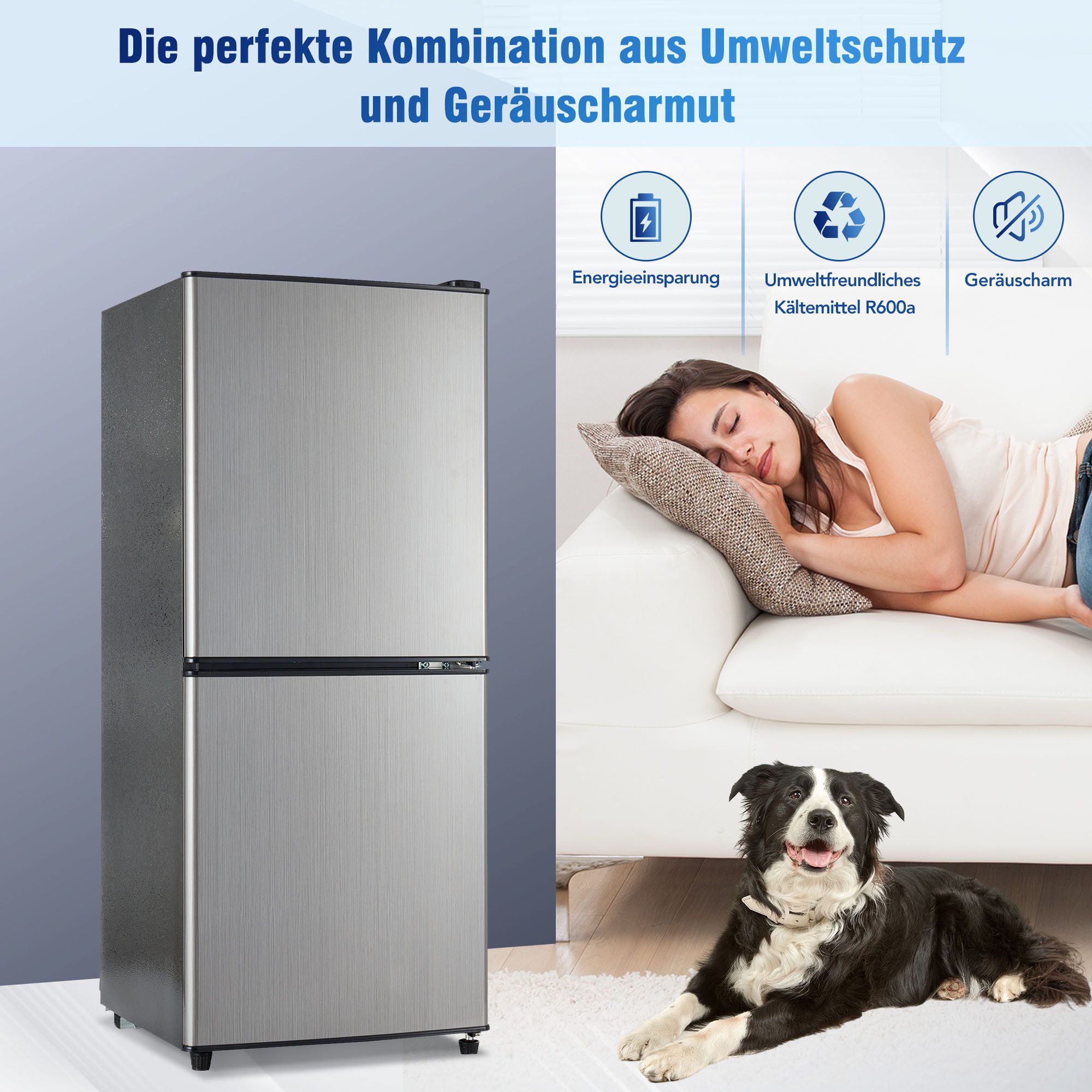 Merax Kühlschrank Kühl-/Gefrierkombination BCD-106W, 101.8 cm hoch, 42.5 cm breit, 106 Liter, LED-Beleuchtung, verstellebare Ablage und Füße – Bild 4 von 5