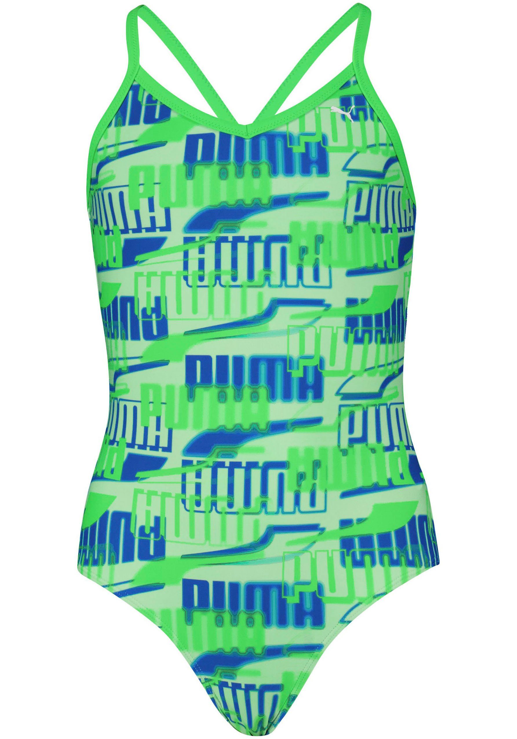 PUMA Badeanzug Mädchen-Schwimmanzug mit allover green-combo Logoprint