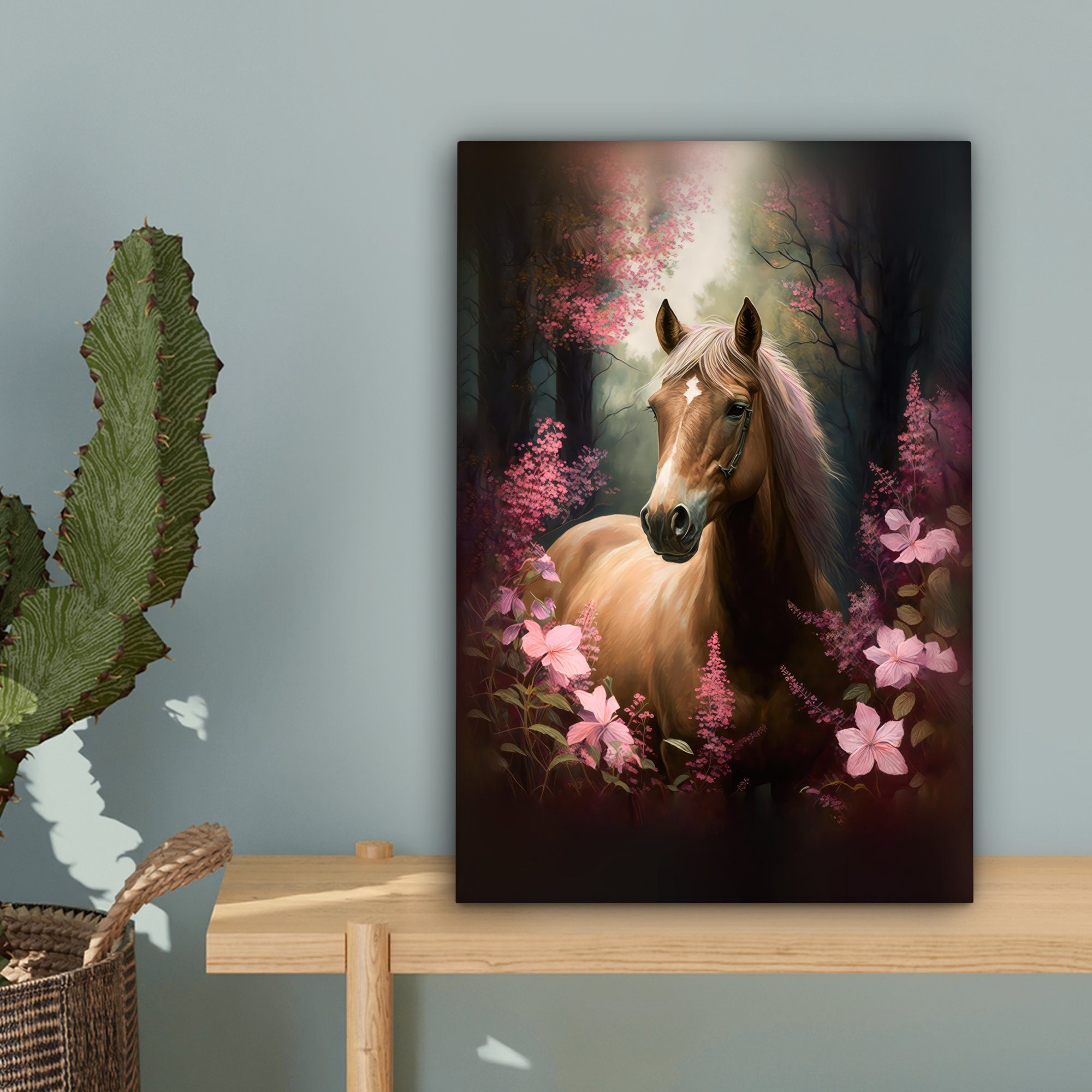 20x30 - (1 St), Zackenaufhänger, Leinwandbild Blumen - Pferd fertig Leinwandbild cm - Wald, Natur Gemälde, bespannt - Rosa inkl. OneMillionCanvasses®