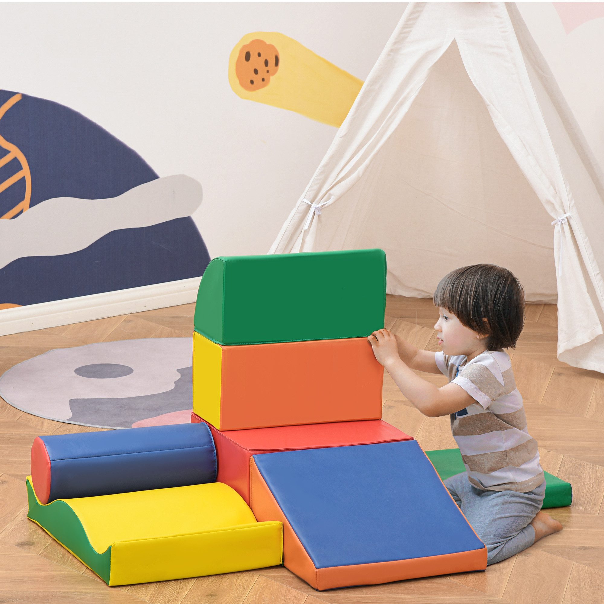 HOMCOM Bausteinset, Schaumstoffbausteine zum Toben & Klettern Spielbausteine, (weiche Bauklötze, 7 St., Riesenbausteine), für Kinderzimmer und Kindergarten, Kunstleder, Bunt