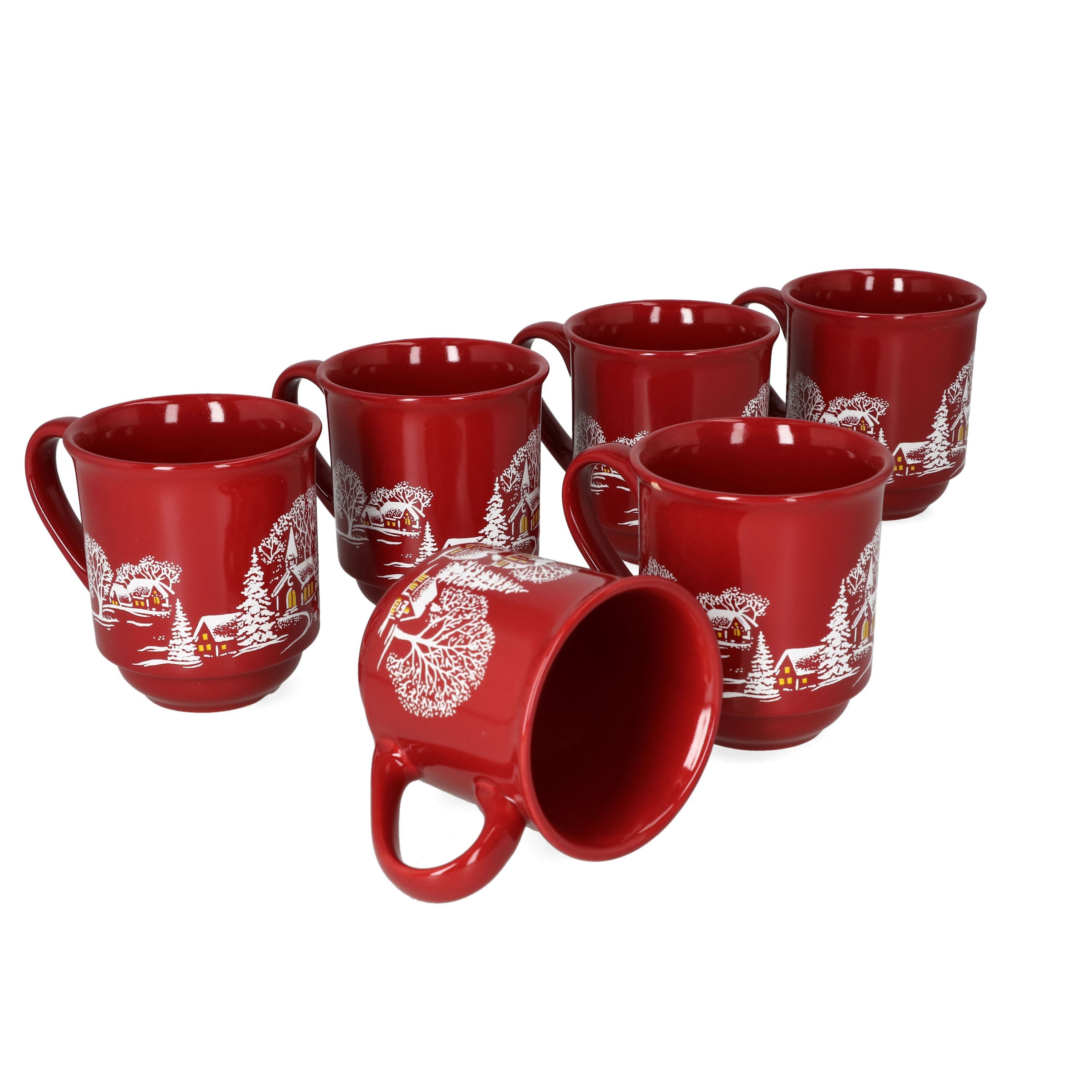 MamboCat Tasse 6er Set Glühweinbecher in dunkelrot Weihnachtslandschaft 0,2L geeicht, Porzellan, Weihnachtsgeschirr, Weihnachten, Weihnachtsmarkt, Punsch