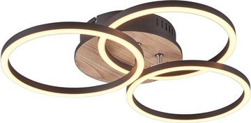 TRIO Leuchten LED Deckenleuchte Circle, Memoryfunktion, Nachtlichtfunktion, LED fest integriert, warmweiß - kaltweiß, Deckenlampe holzfarb. mit schwenkbaren Ringen / inkl. Fernbedienung
