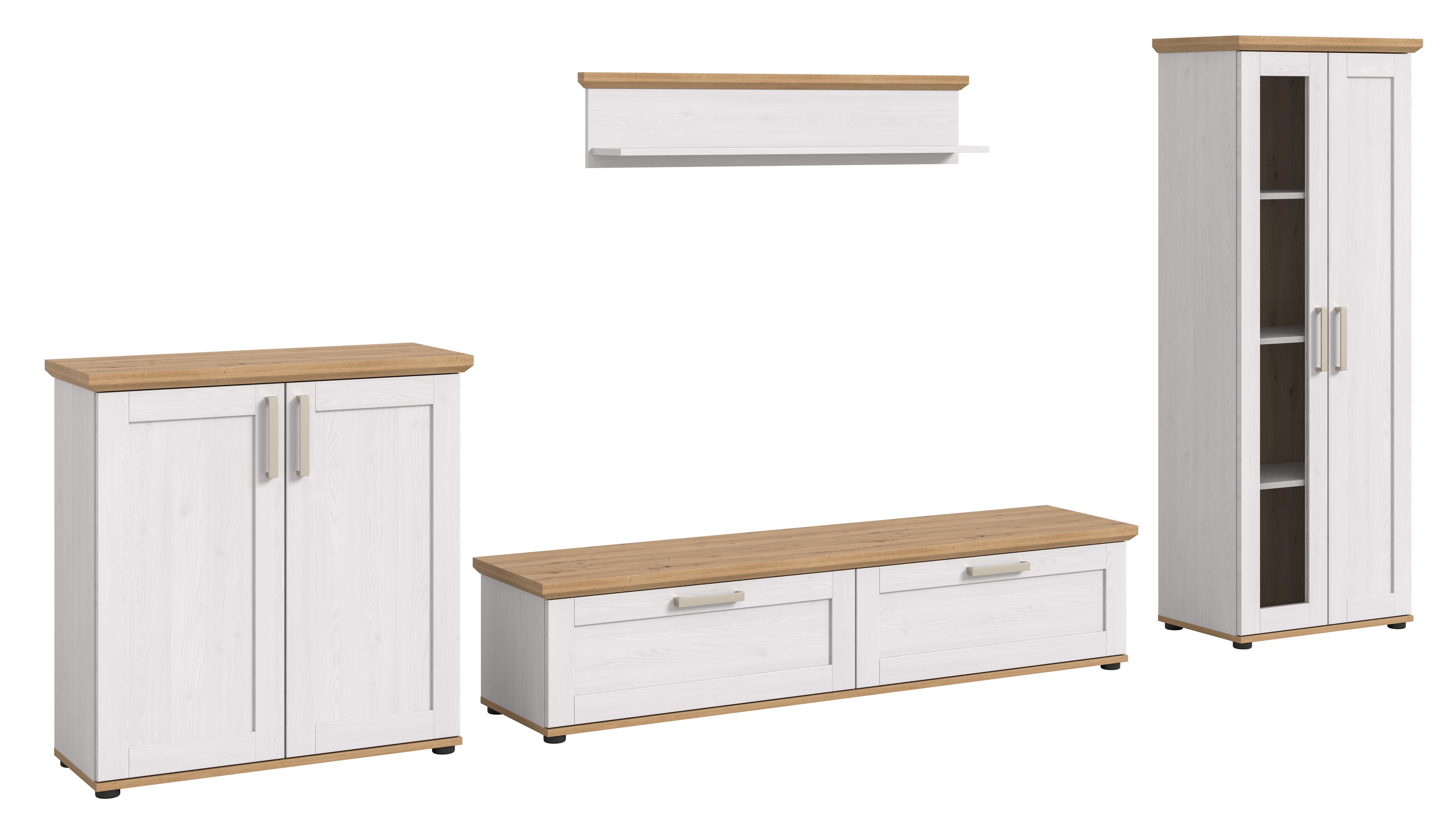 furnling Wohnzimmer-Set Viola, (4-St., bestehend aus Highboard, Lowboard, Vitrine, Wandboard), Wohnzimmerschränke, Absetzungen in Artisan Eiche, Breite 336 cm