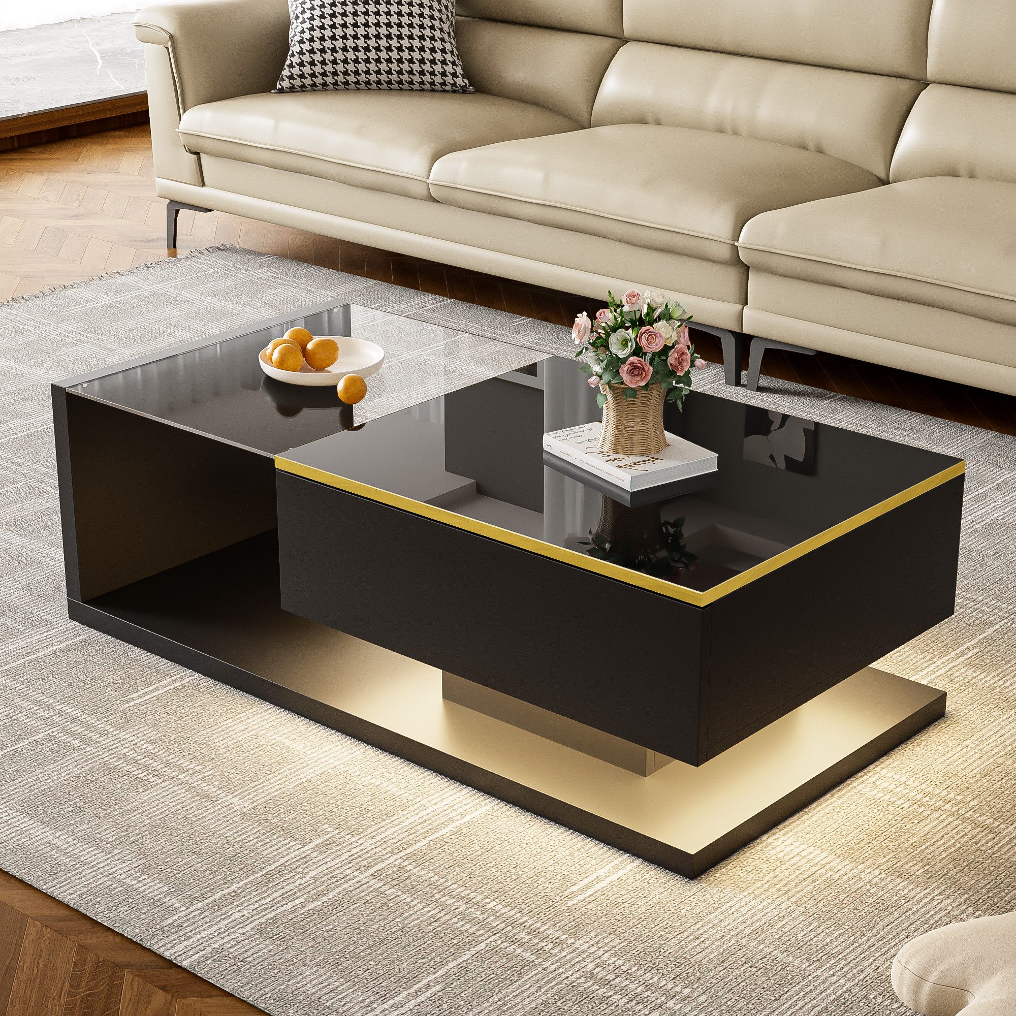 Merax Couchtisch hochglanz Beistelltisch mit Stauraum und Glastischplatte (100x50x32,5cm), Wohnzimmertisch mit Bluetooth, Sofatisch Kaffeetisch mit LED