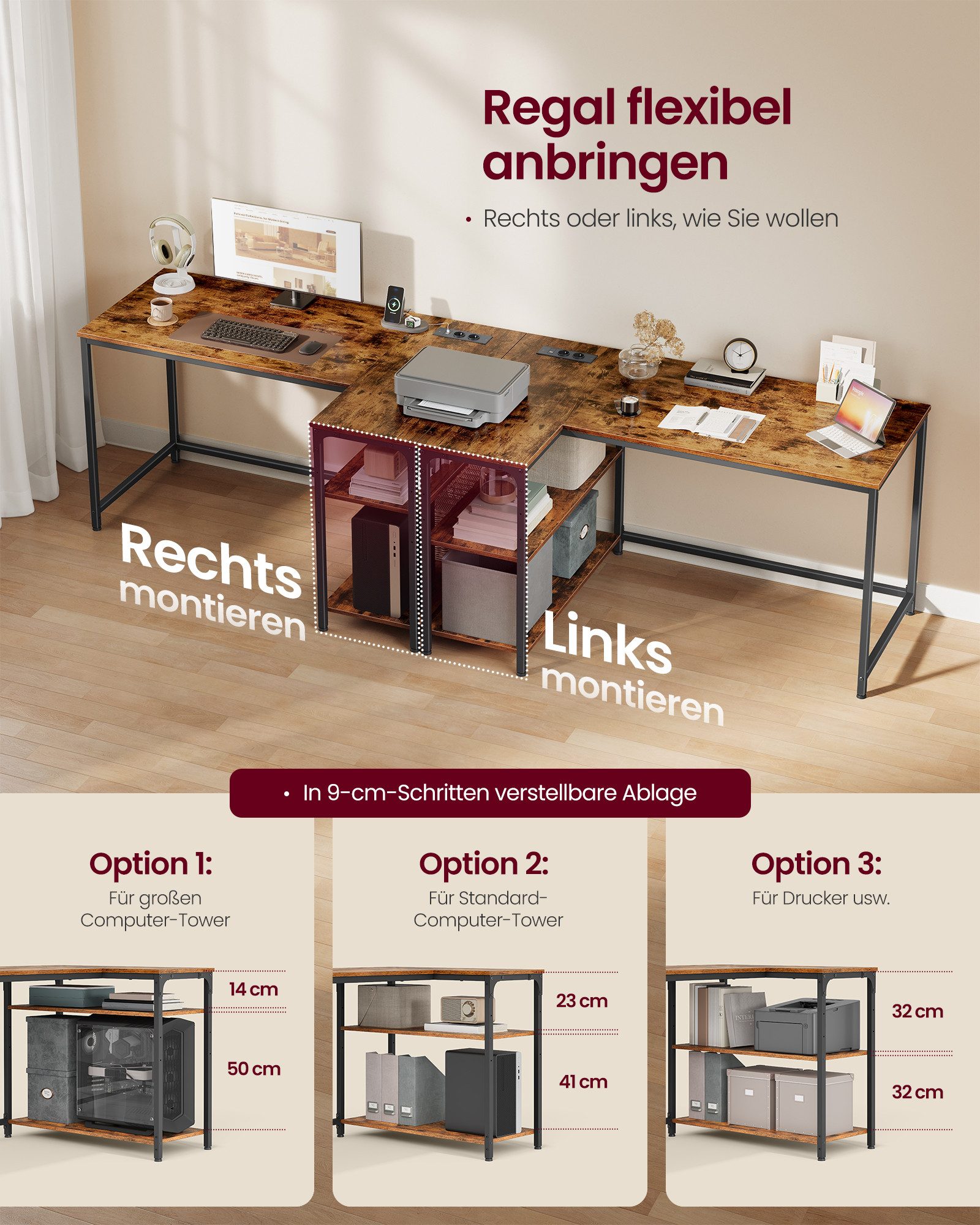 VASAGLE Schreibtisch Eckschreibtisch in L-Form, Computertisch mit Stauraum, Bürotisch, höhenverstellbare Ablage, für Homeoffice, 110/120 cm – Bild 5 von 5