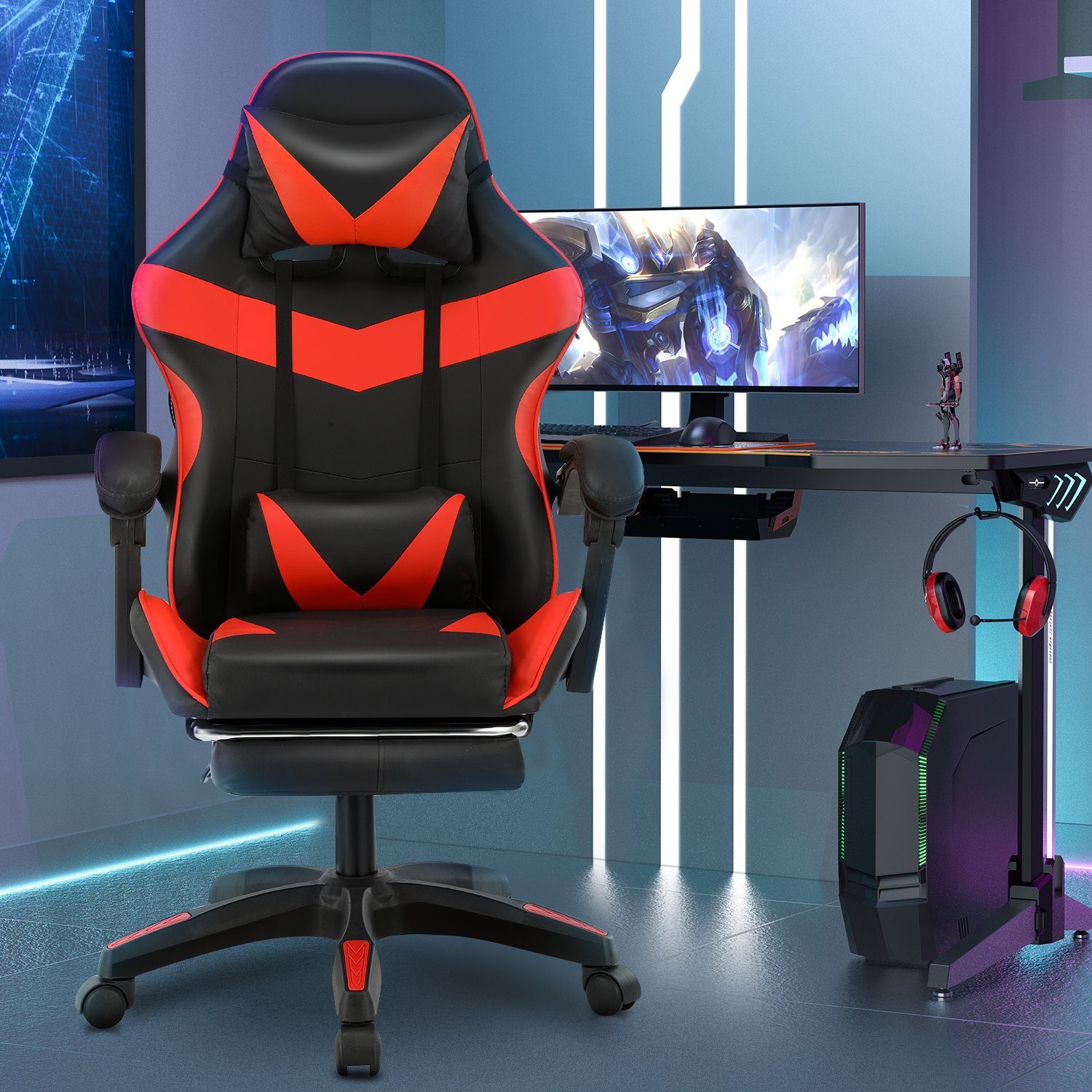 WILGOON Gaming-Stuhl Gaming Chair mit RGB-LEDs, verstellbarer Rücklehne mit Fußstütze, Bürostuhl Massage Lendenkissen, Ergonomischer Gamer Stuhl, bis 150kg