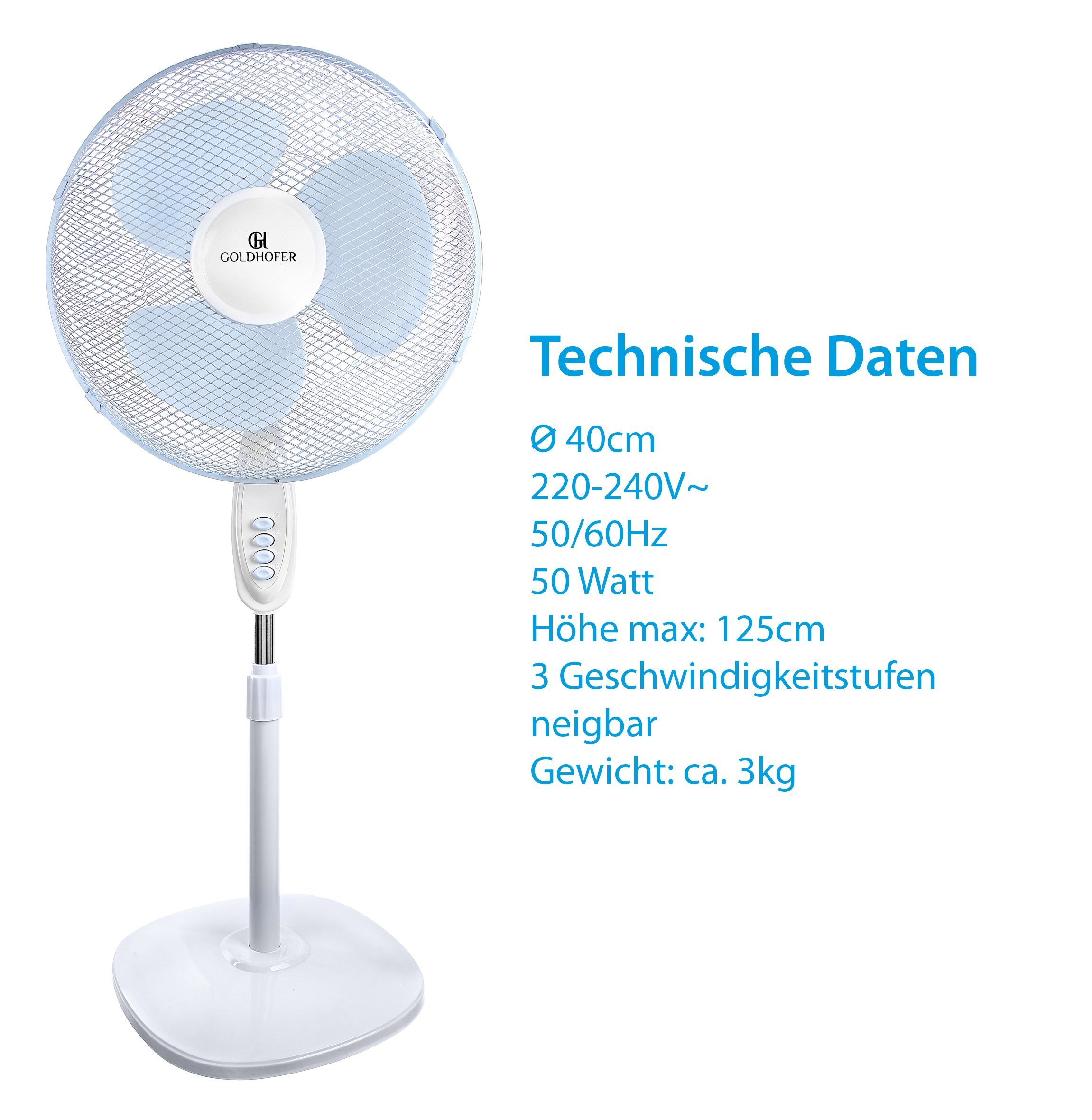 Goldhofer Standventilator FS-40 : Design, 50 cm Leise, Leicht Durchmesser, 43,00 Kühle elegantem Brisen Watt, in