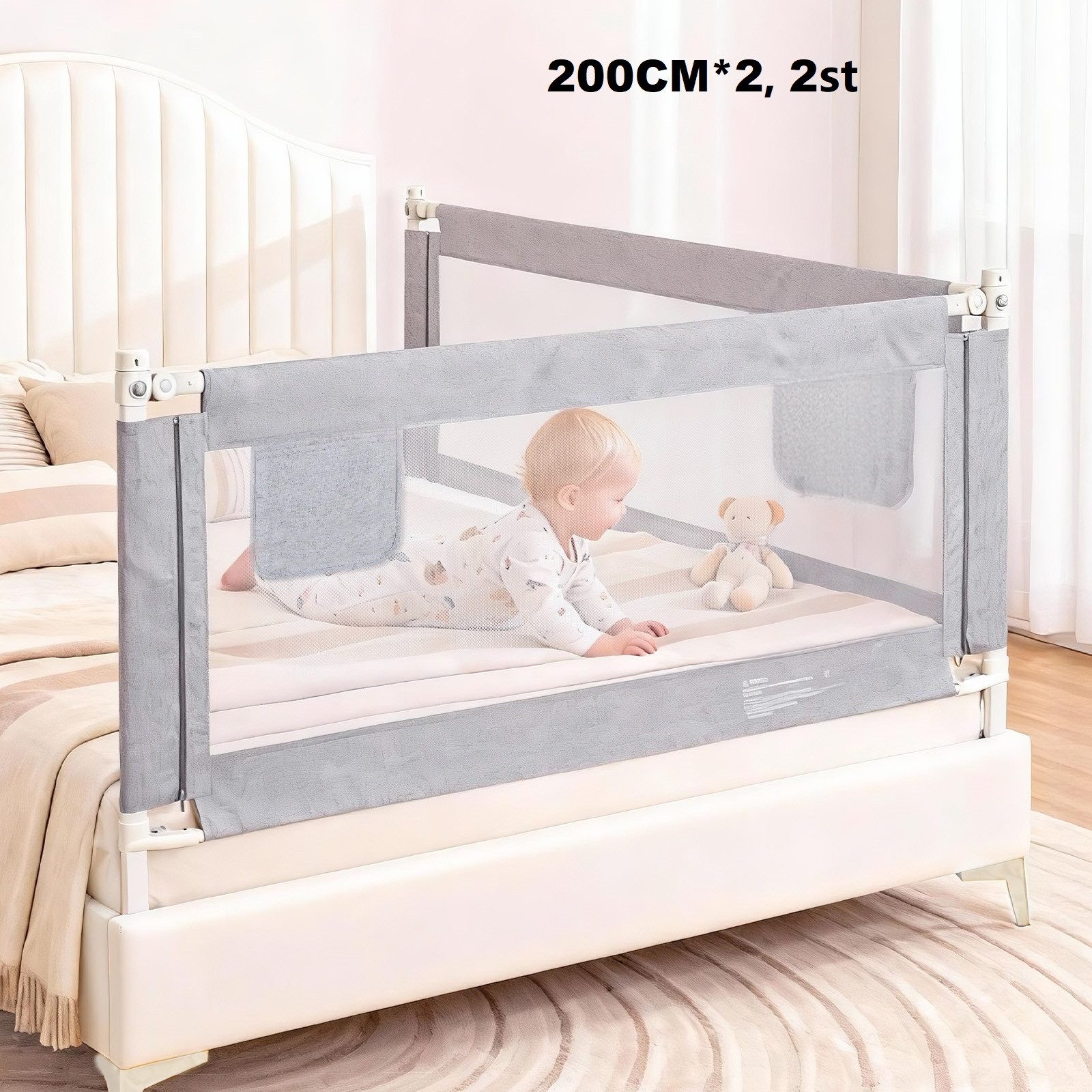 Huracan Bettschutzgitter Bettgitter Baby 150/180/200cm, Höhenverstellbarer (Rausfallschutz Bett für Boxspringbett, Elternbett, vertikales Heben, 2 St., Bettschutzgitter für Babys Kinder), Klappbar Kinderbettgitter mit Befestigungsband