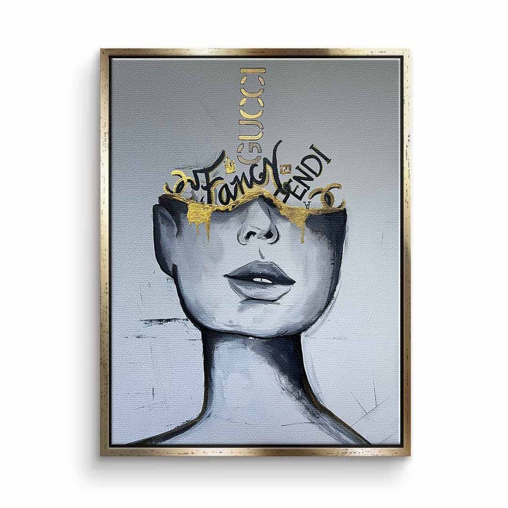 DOTCOMCANVAS® Leinwandbild, Weißes Wandbild mit Frauen Gesicht - Gold - Fancy goldener Rahmen
