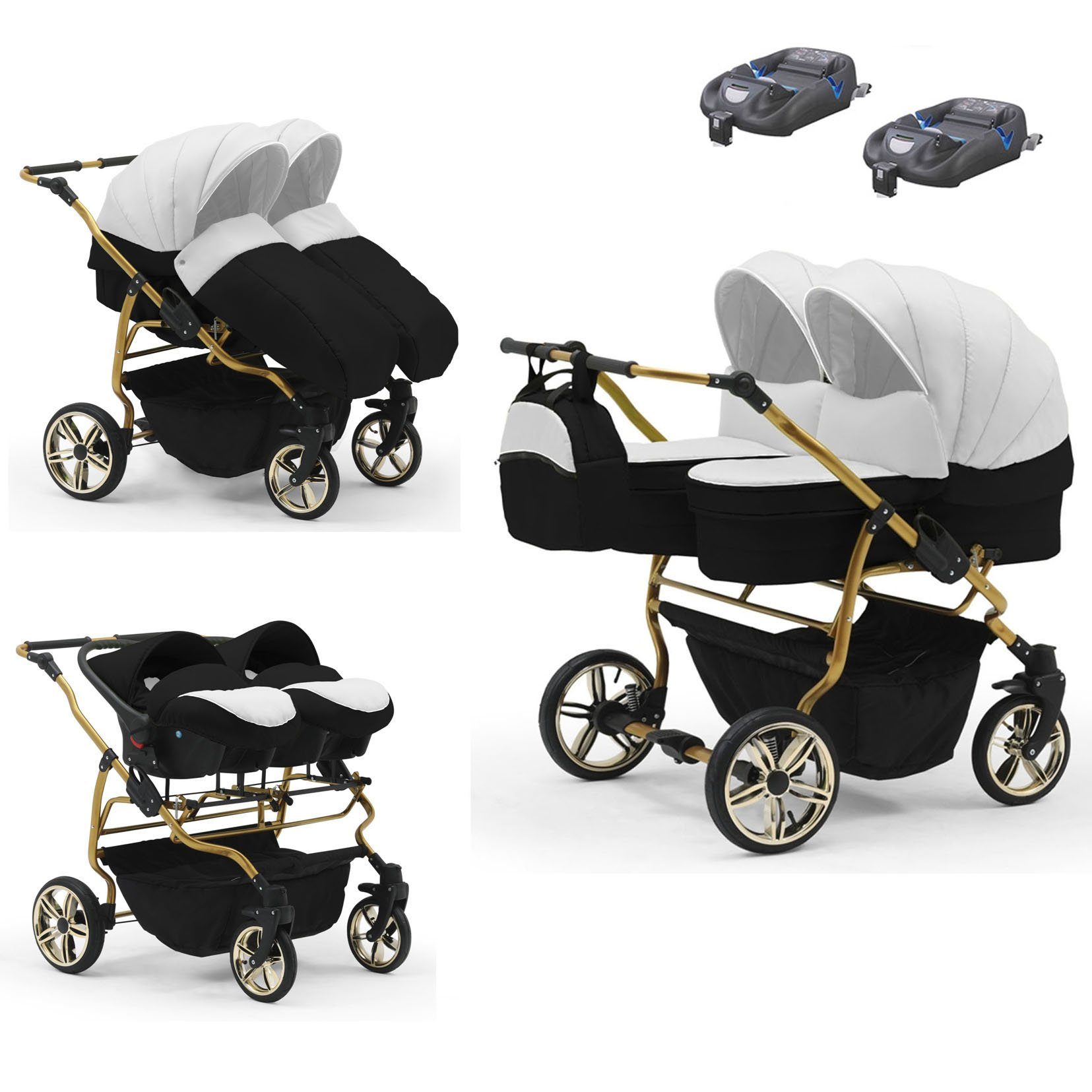 babies-on-wheels Zwillingswagen Zwillingswagen Duet Lux Gold 4 in 1 - 15 Teile - in 33 Farben Weiß-Schwarz-Weiß-Schwarz