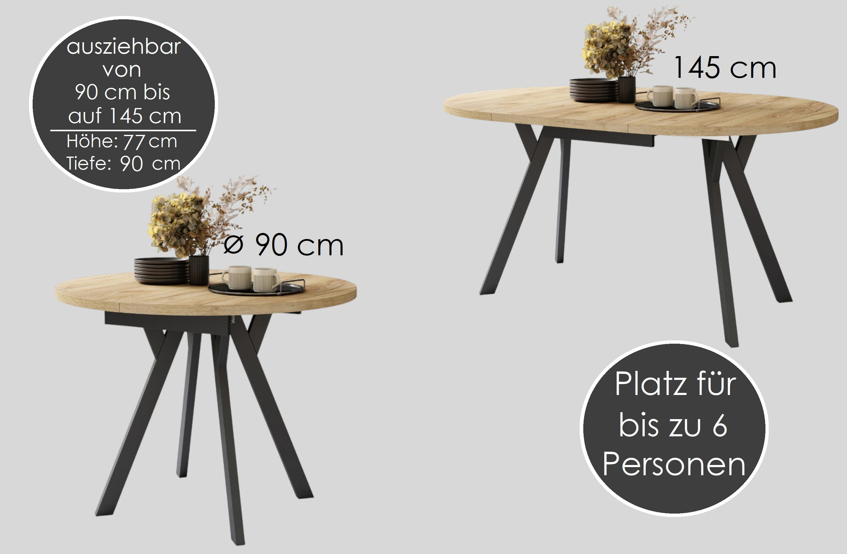 designimpex Esstisch Design Esstisch Almo ausziehbar 90 cm bis 145 cm rund Esszimmer Tisch, Esstisch, Esszimmertisch, Tisch, Ausziehtisch, Küchentisch, Esszimmer