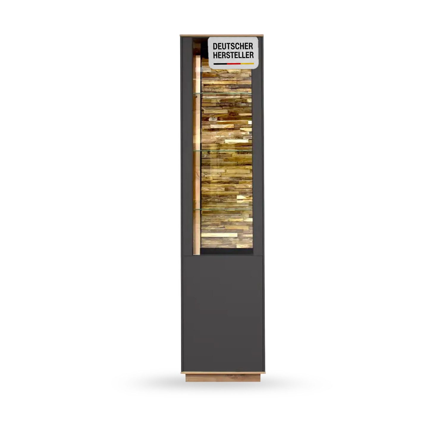 Storado Standvitrine Faro Sockel 43×186×42cm, Standvitrine mit 2 Türen, Farbe wählbar LED-Beleuchtung und grifflose Fronten mit Push-to-open