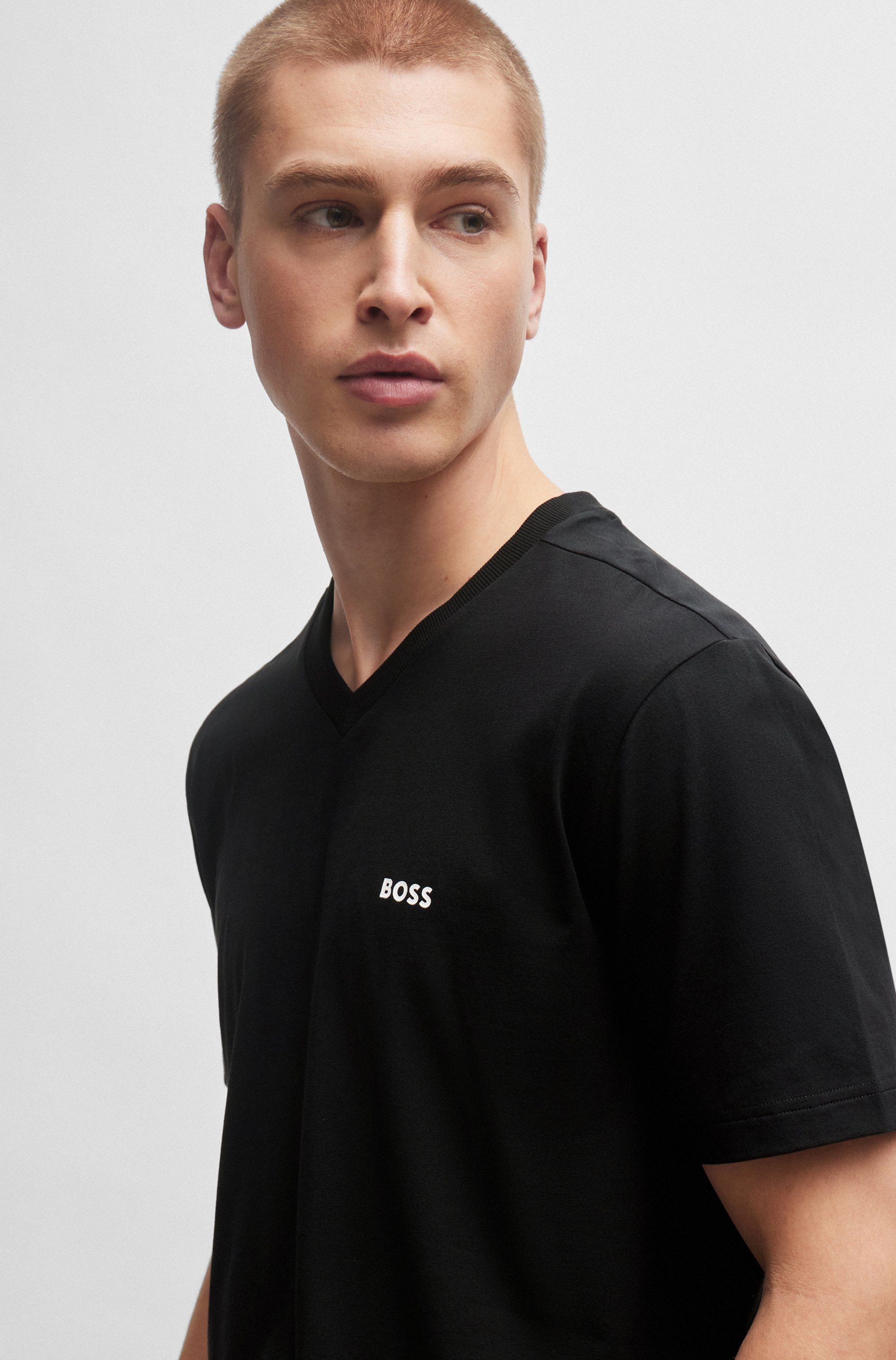 BOSS GREEN T-Shirt Tee V Regular Fit Stretch Jersey Cotton, Logo on Chest, V Ausschnitt