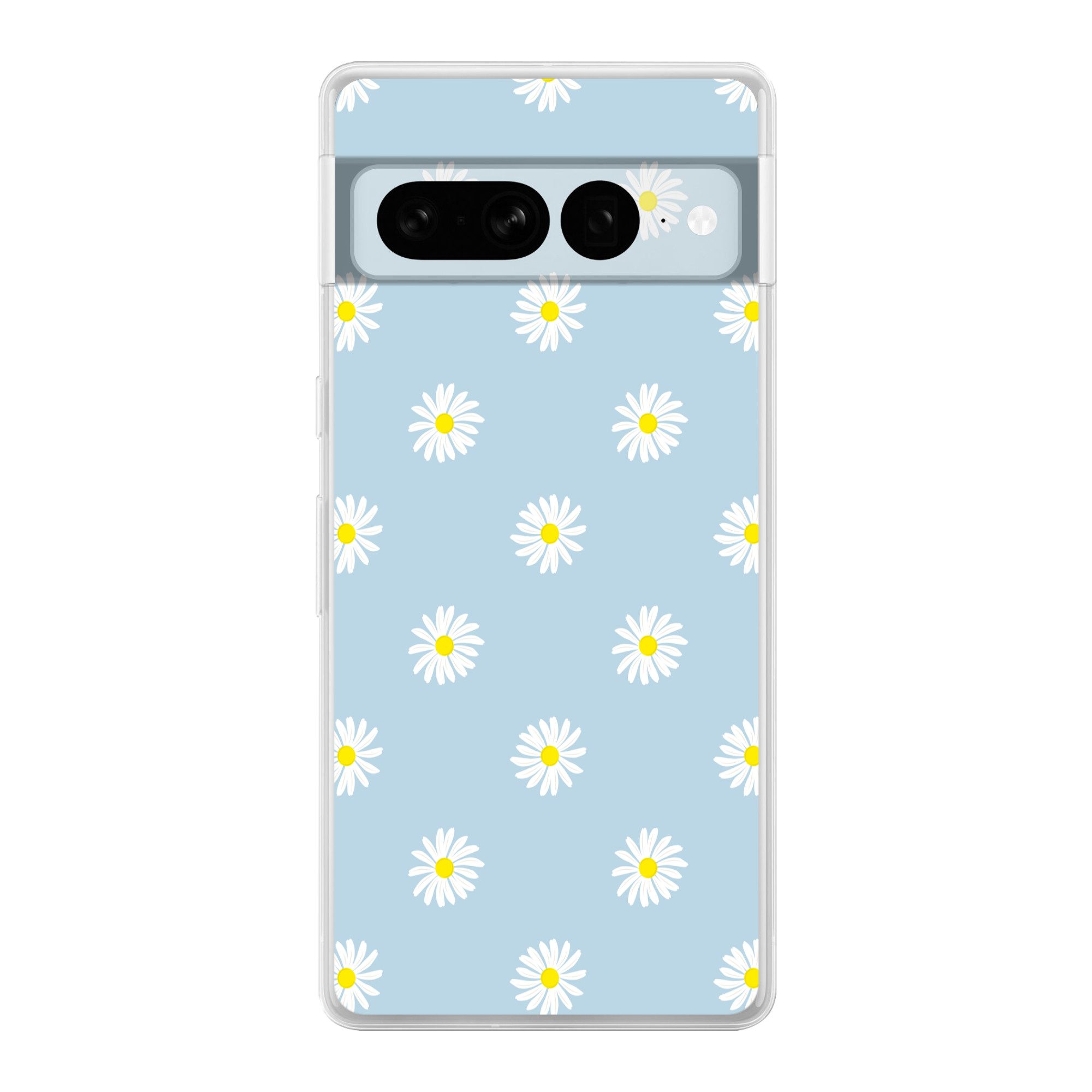 MuchoWow Handyhülle für Google Pixel 7 Pro Gänseblümchen - Pastell - Weiß - Blau - Blumen, Phone Case, Silikon, Schutzhülle Dünn