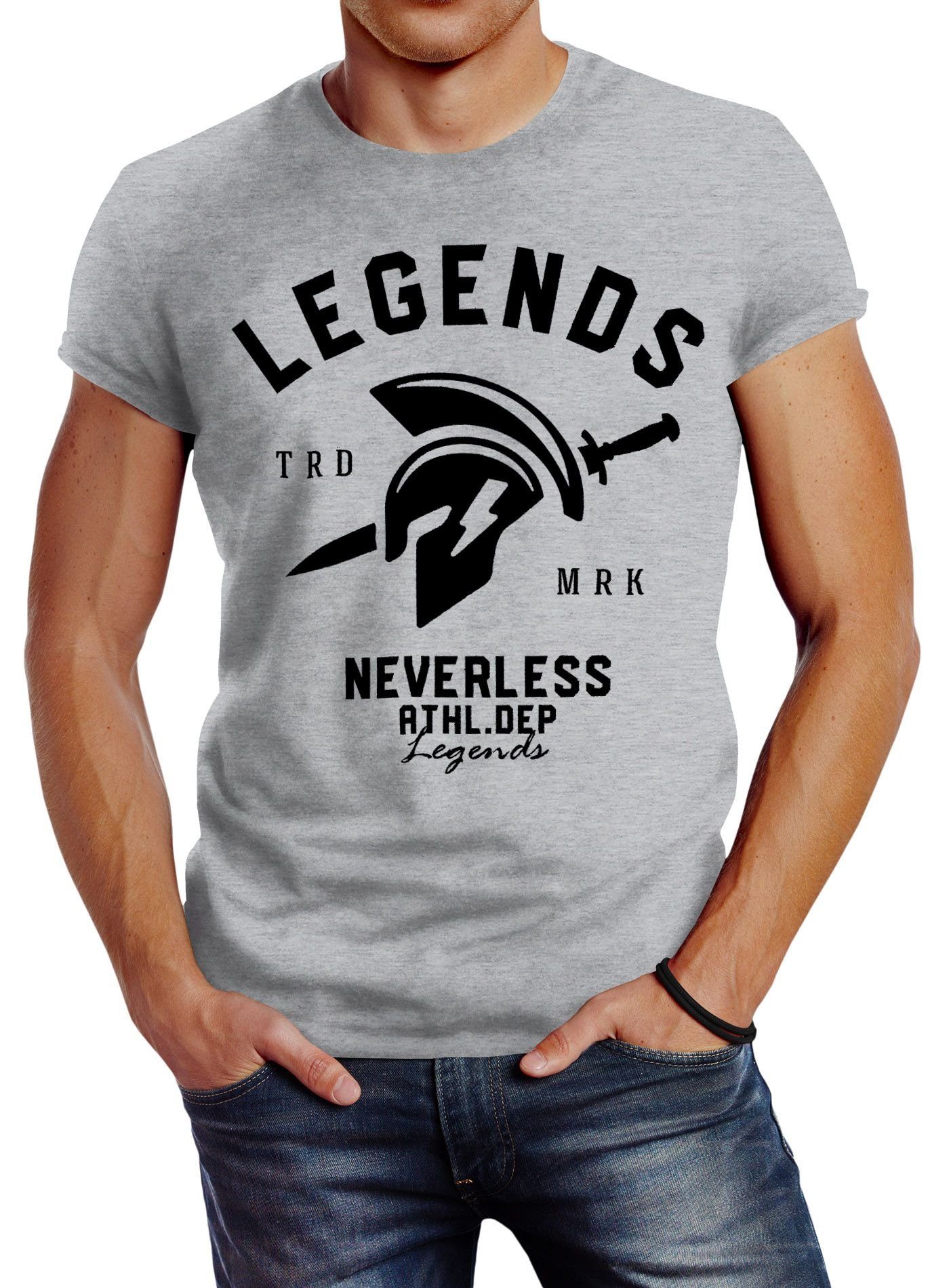 Neverless Print-Shirt Cooles Herren T-Shirt Legends Sparta Gladiator Gym Athletics Sport Fitness Neverless® mit Print grau