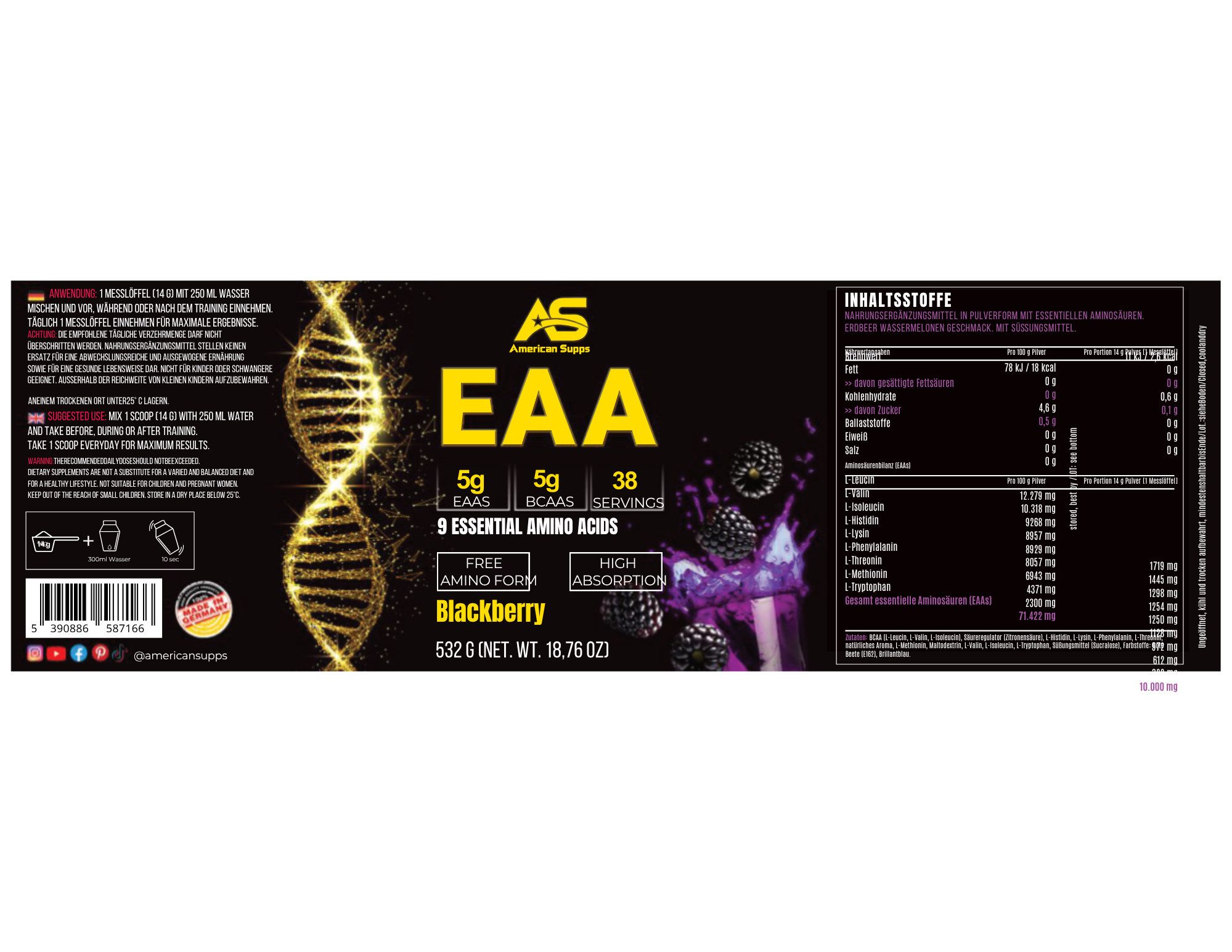 American Supps American Supps EAA Essential Amino Acids Aminosäuren mit BCAA Pulver, 532 g
