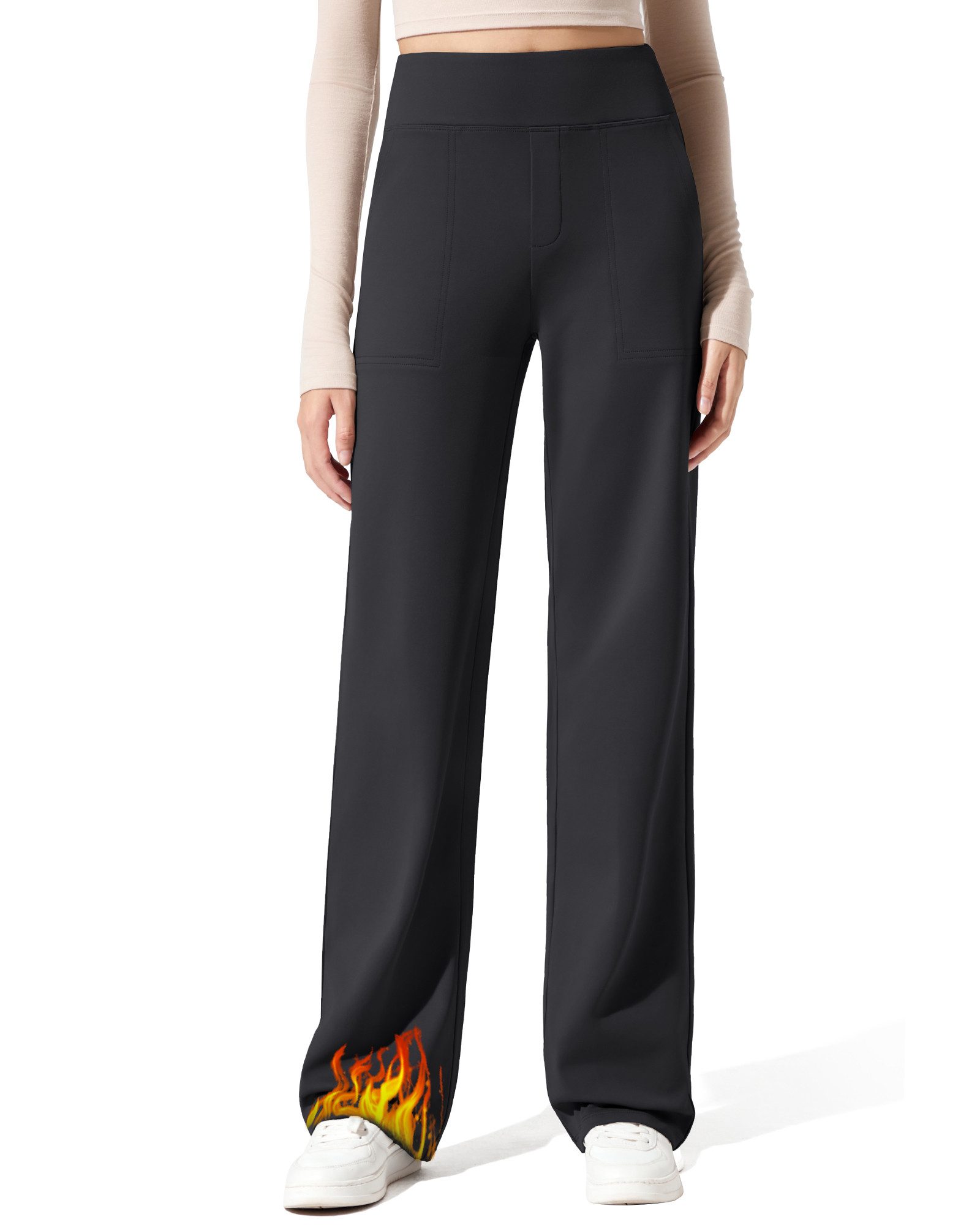 G4Free Palazzohose Winter Palazzohose Damen Arbeitshose gefütterte Palazzohose Stoffhose Weicher elastischer Bund, geeignet für 5‑10 °C