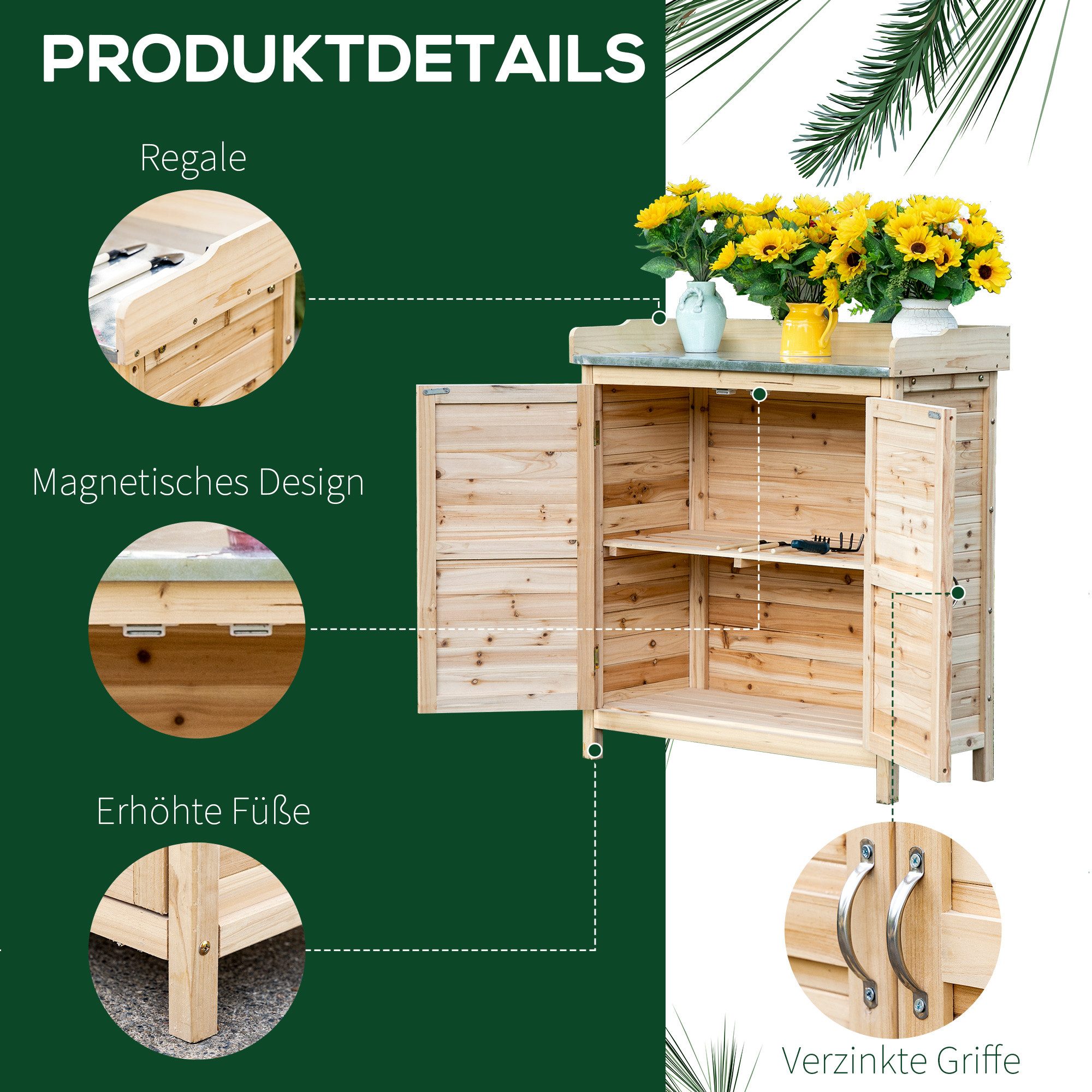 CHICFURN Geräteschrank 83x40x92 cm aus Holz mit Pflanztisch & Unterschrank (Packung, 1-St., Geräteschrank mit 2 Einlegeböden in Natur) Praktischer Geräteschuppen für Gartenutensilien