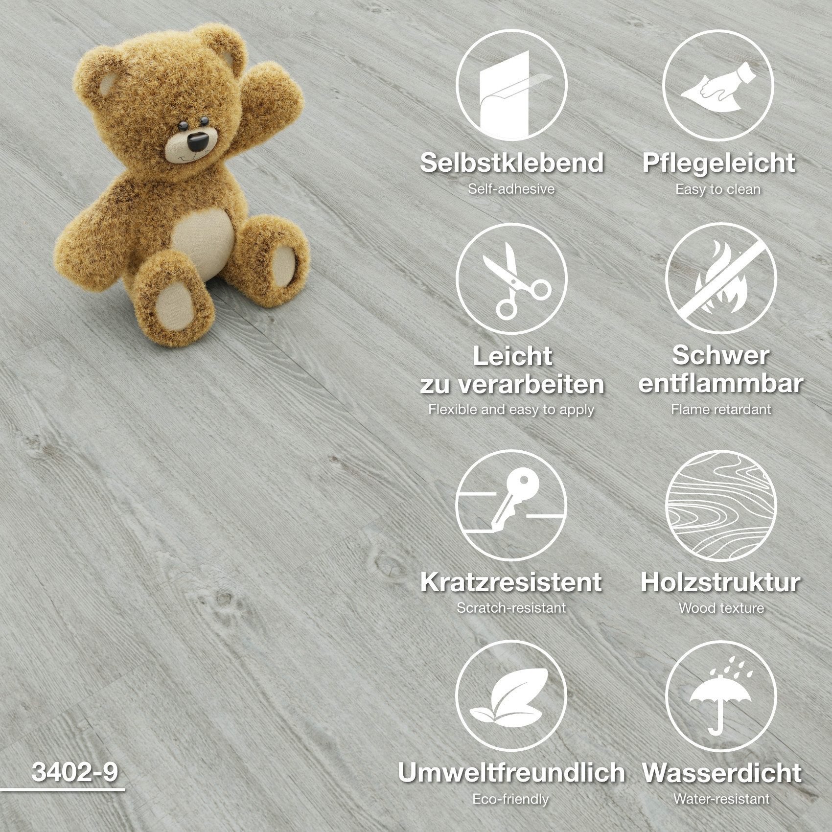 Hexim Vinylboden, Vinyldielen 0,97m² selbstklebend PVC Wandverkleidung Bodenbelag Holzoptik 91x15cm Paneele für Wand & Boden Holzdielen grau (7 Dielen Frosted Oak - 3402-9)