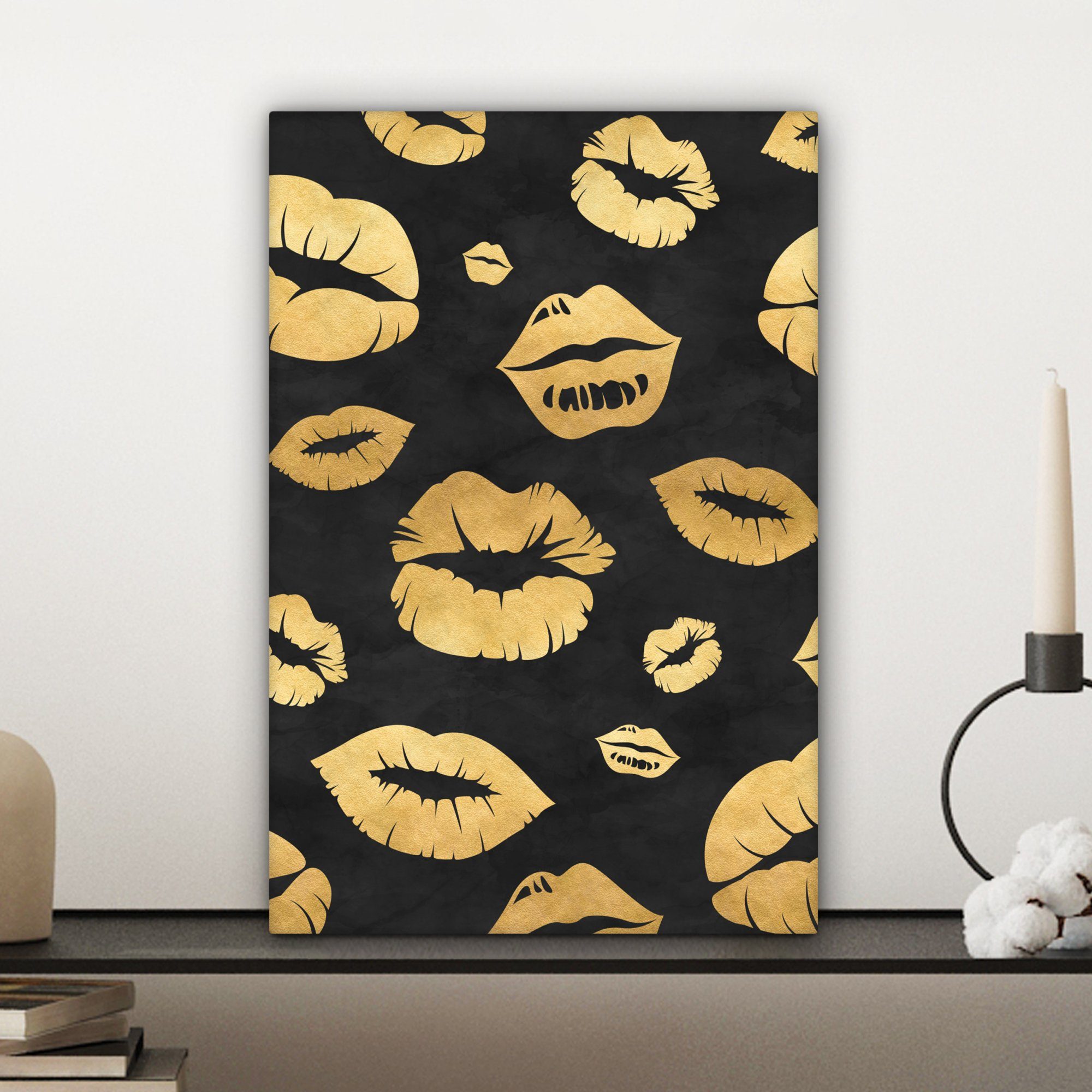 cm - 20x30 fertig Muster Kuss Gemälde, St), Gold (1 Zackenaufhänger, - - Leinwandbild Leinwandbild inkl. Schwarz, bespannt OneMillionCanvasses®