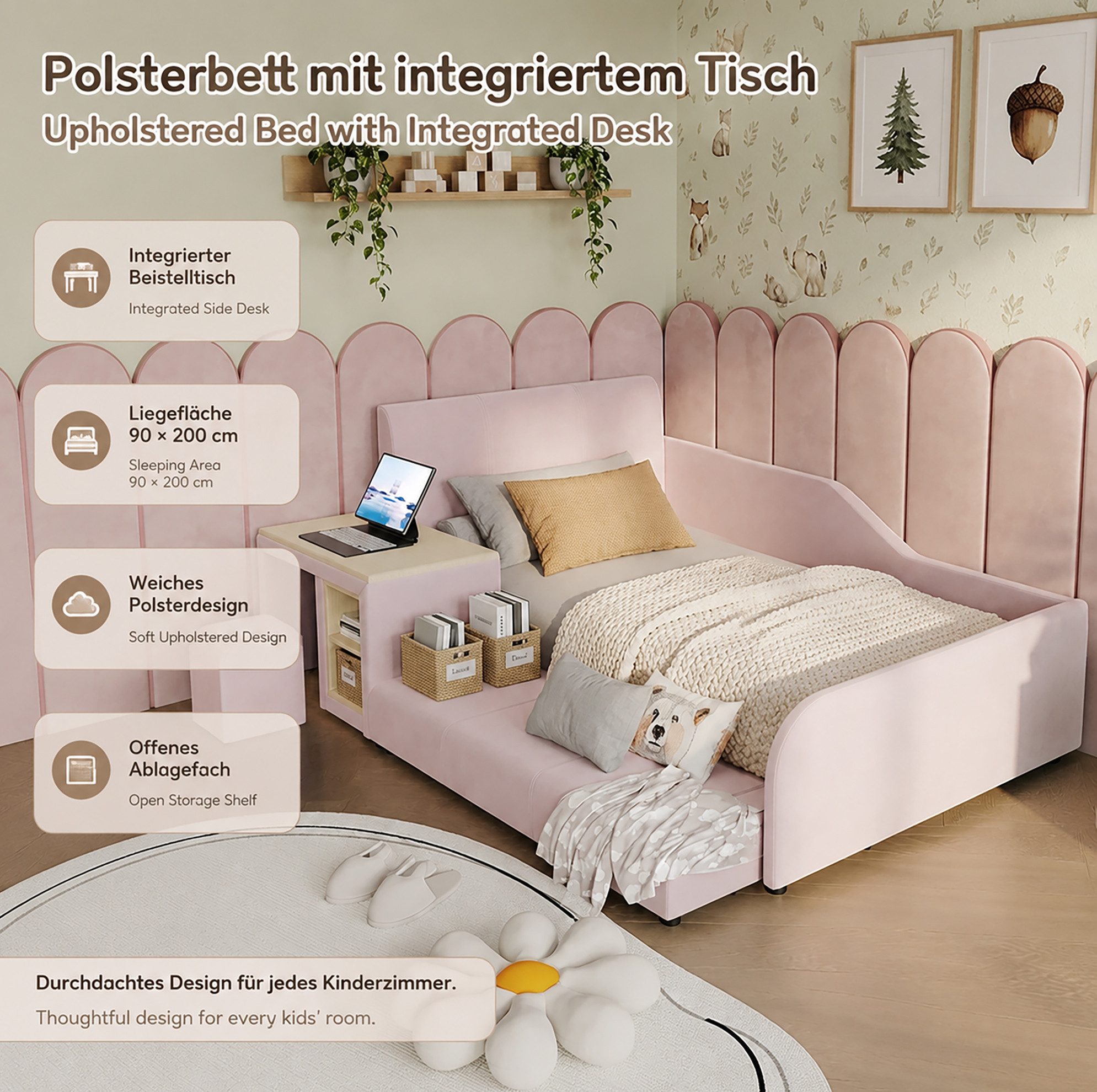 REDOM Polsterbett Kinderbett mit Schreibtisch und Hocker (90x200 cm Samt, Weiches Kopfteil, Robuste Holzlatten, Inklusive Ablageboden, Ideal für Schlafzimmer & Jugendzimmer), Inklusive Matratze
