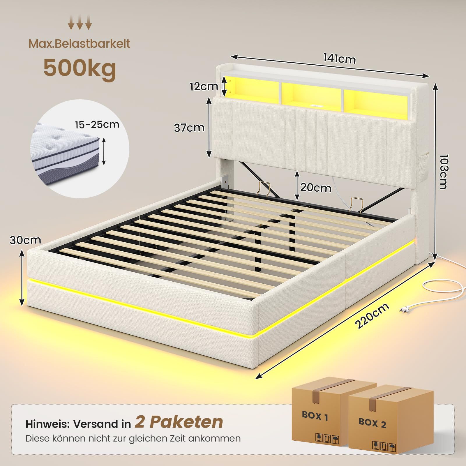 MSMASK Polsterbett 140x200cm mit Hydraulischem Stauraum, 270° LED Beleuchtung, grau (1-tlg), Hydraulischer Stauraum, 270° LED-Beleuchtung,Ladestation & Kopfteil – Bild 2 von 5