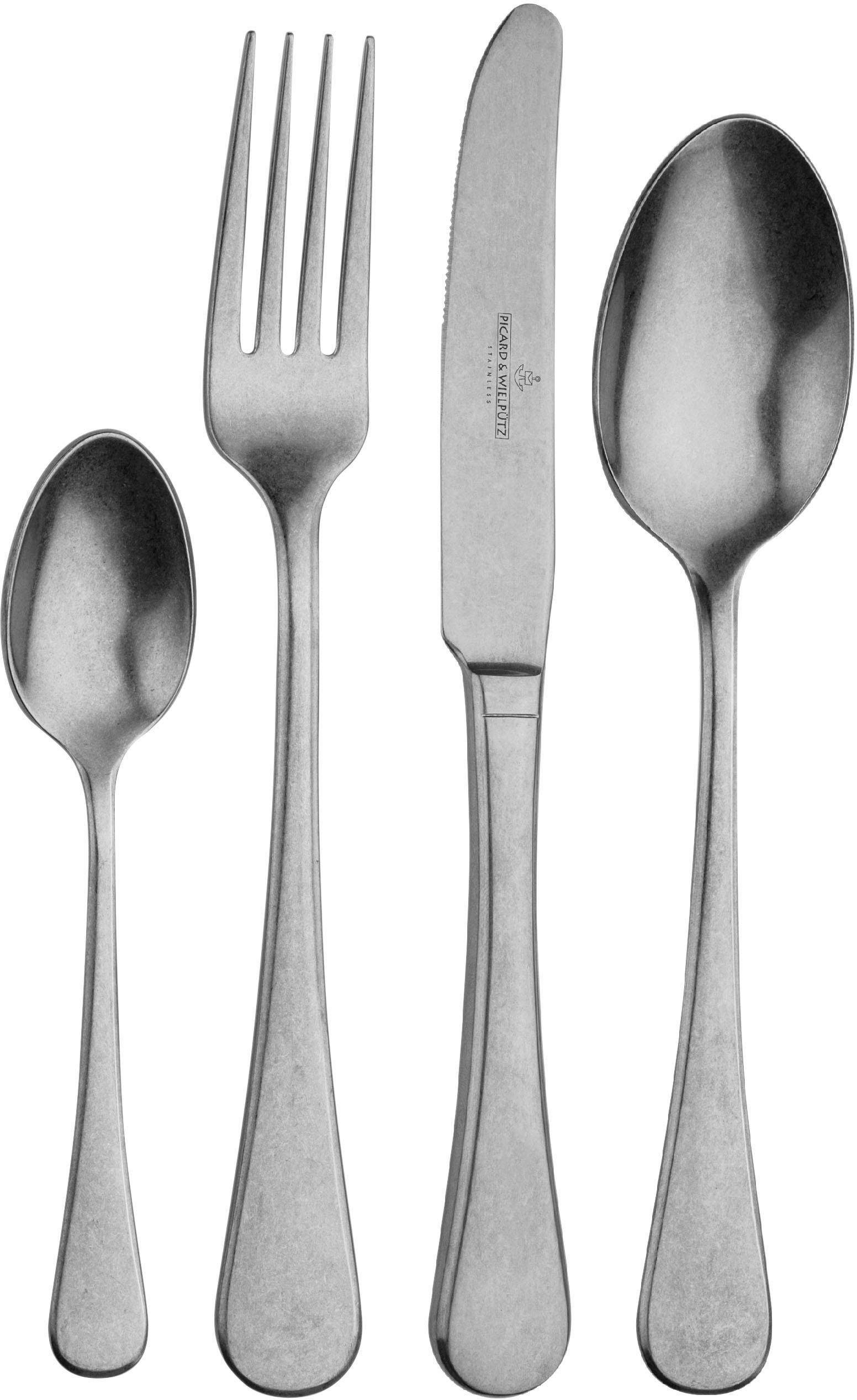 Picard & Wielpütz Solingen Besteck-Set Rossini (24-tlg), 6 Personen, Edelstahl 18/10, Vintage-Look, Stone washed, inkl. Klappetui