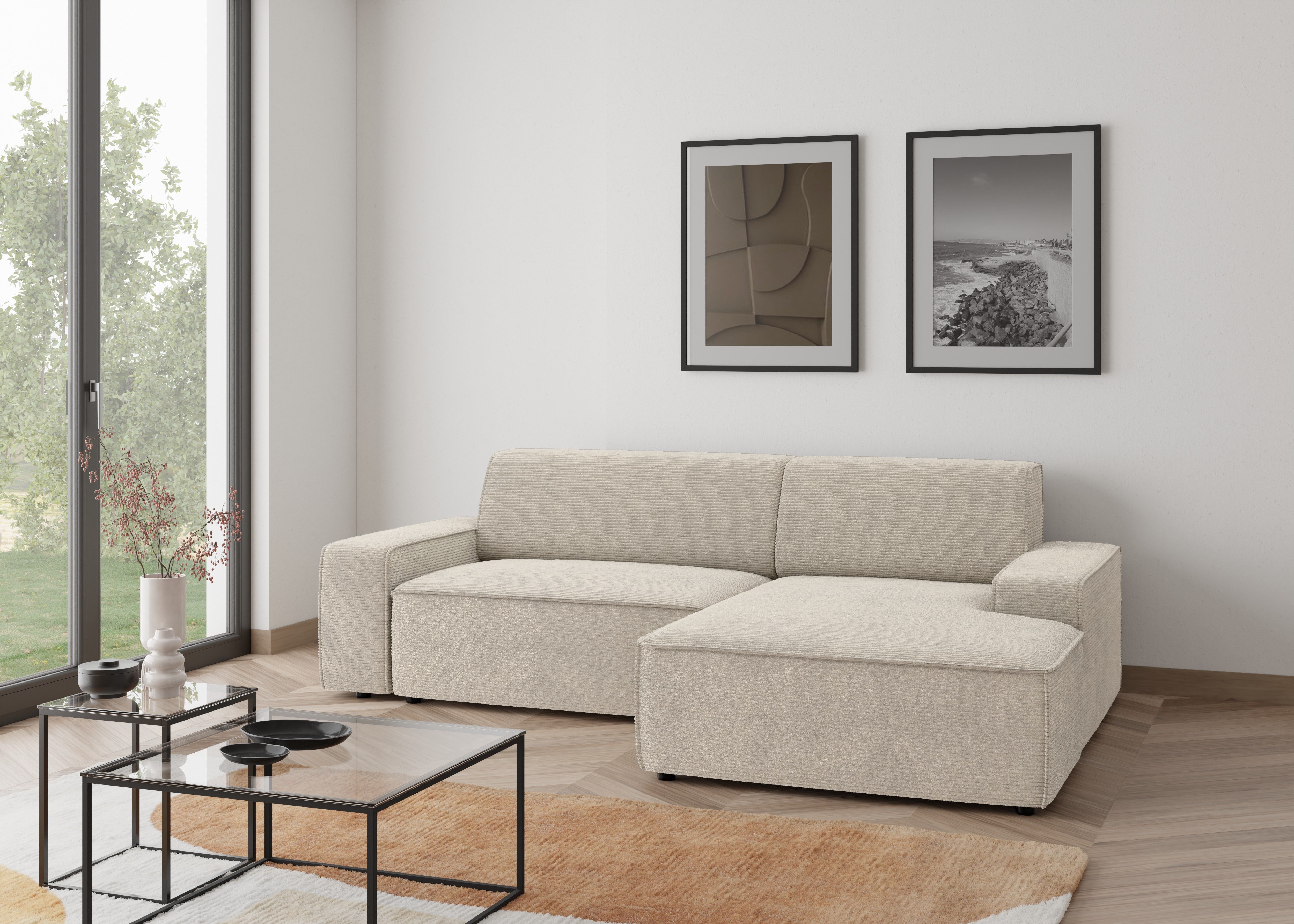 TRENDMANUFAKTUR Ecksofa Graz, wahlweise mit Sitzvorschub und Bettkasten, L-Form, Breite 246 cm, in Cord-, haustierfreundlichem LEO Struktur- oder LUMOS-3D-Bezug