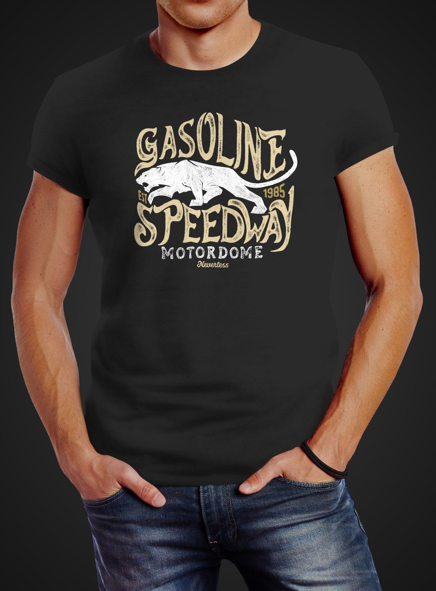 Neverless Print-Shirt Fit Speedway T-Shirt Motiv Print vintage Panther mit Neverless® schwarz Gasoline Slim Printshirt Herren