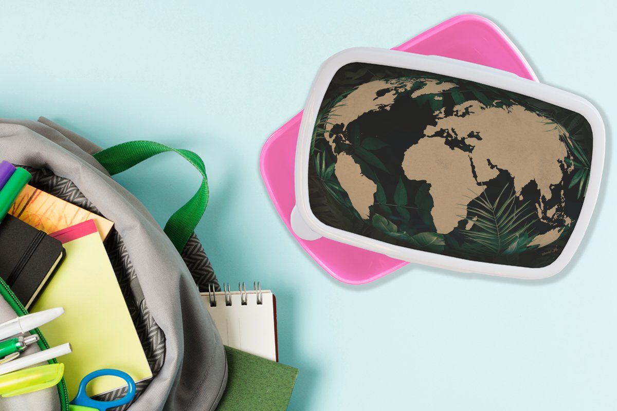 MuchoWow Lunchbox Weltkarte - Globus für rosa Brotbox Erwachsene, - Brotdose Kunststoff Snackbox, Mädchen, Pflanzen, (2-tlg), Kinder, Kunststoff
