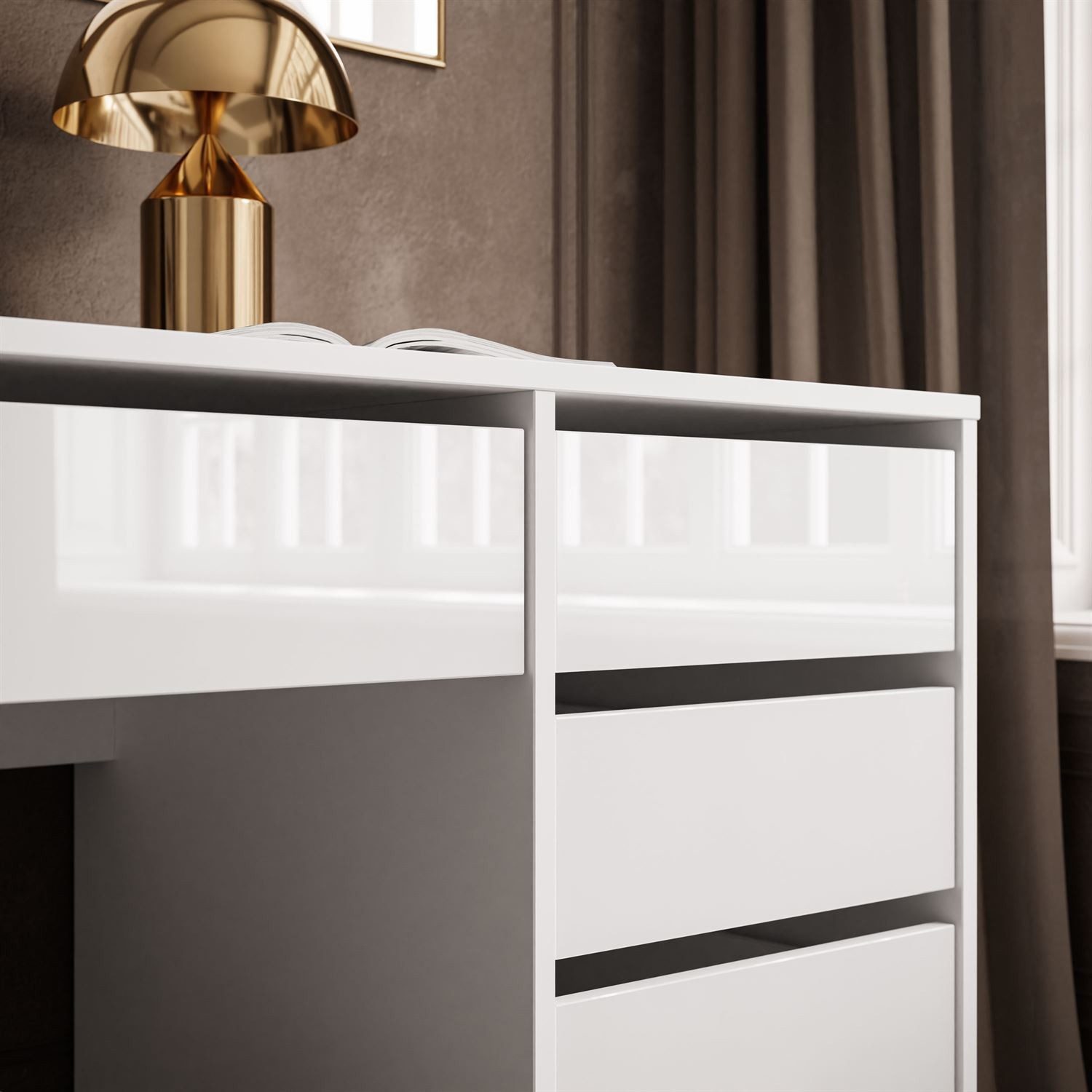ALLHOUSE24 Schreibtisch MAYA DOUBLE mit 9 Schubladen Hochglanz Fronten weiß oder kaschmir, Breite 152 cm