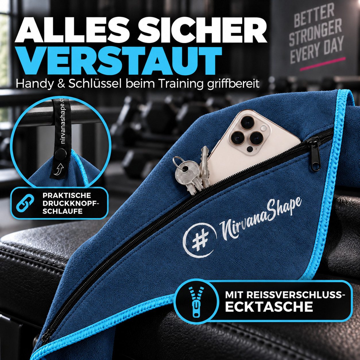 NirvanaShape Sporthandtuch NirvanaShape Mikrofaser Fitnesshandtuch mit Ecktasche und Knöpfen, saugfähig, leicht, schnelltrocknend, für Reisen, Fitness, Yoga, Sa – Bild 3 von 5