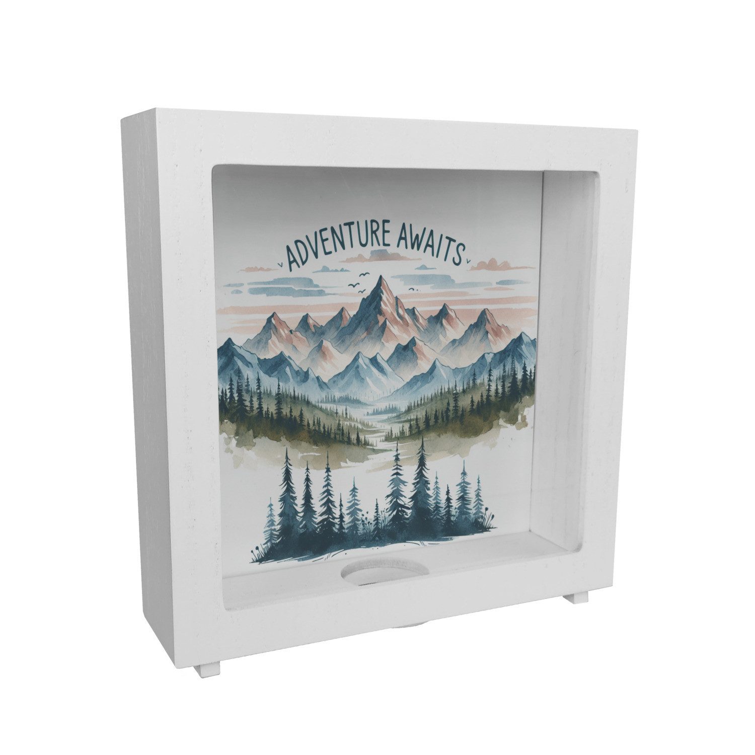 Spardose Bergpanorama Rahmen Spardose aus Holz mit Spruch Adventure Awaits