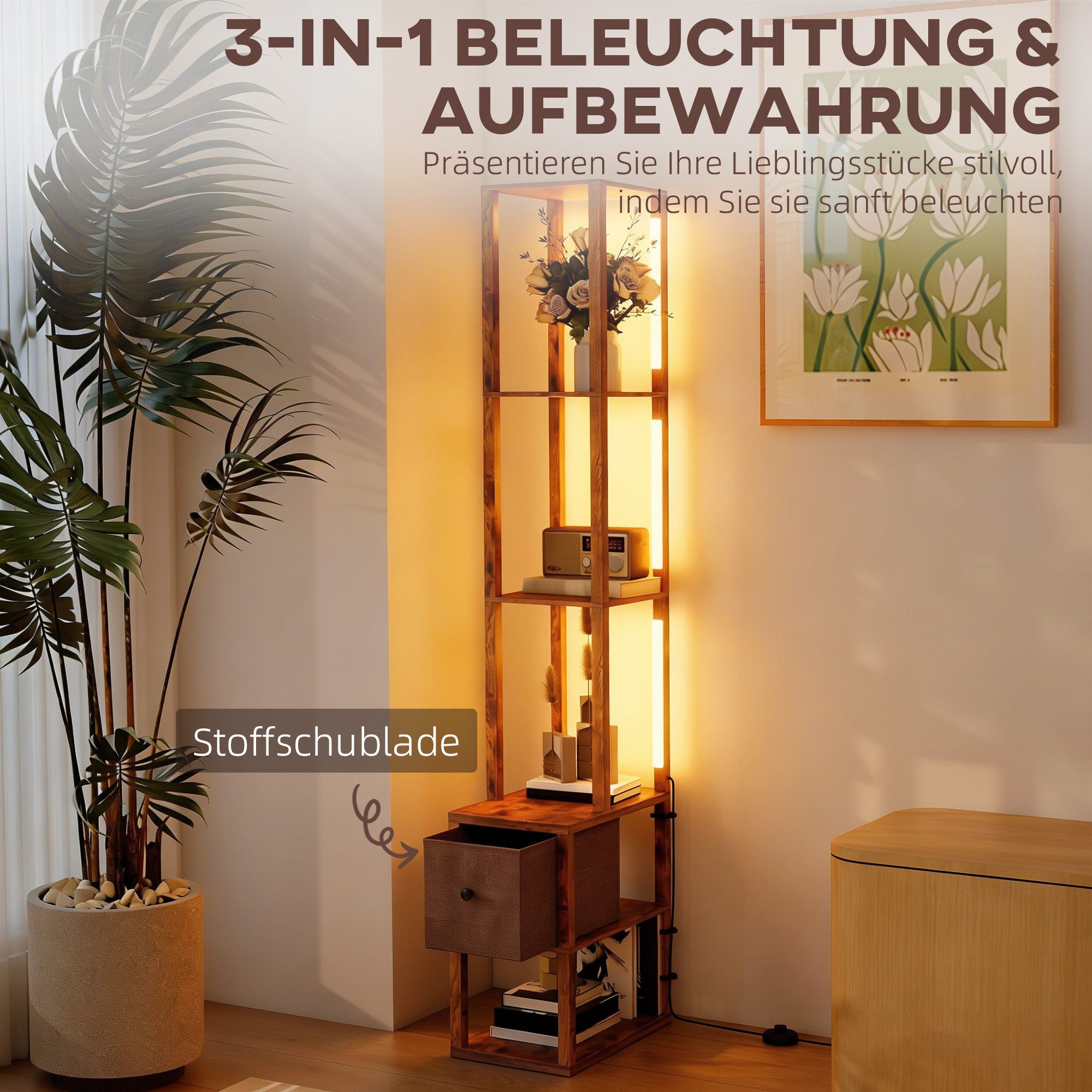 HOMCOM Stehlampe Wohnzimmer Standleuchte mit Fußschalter, für Büro, Rustikal-Braun, Dimmfunktion, LED fest integriert, Warmweiß, 3-in-1 LED Stehlampe mit Ablage – Bild 4 von 5