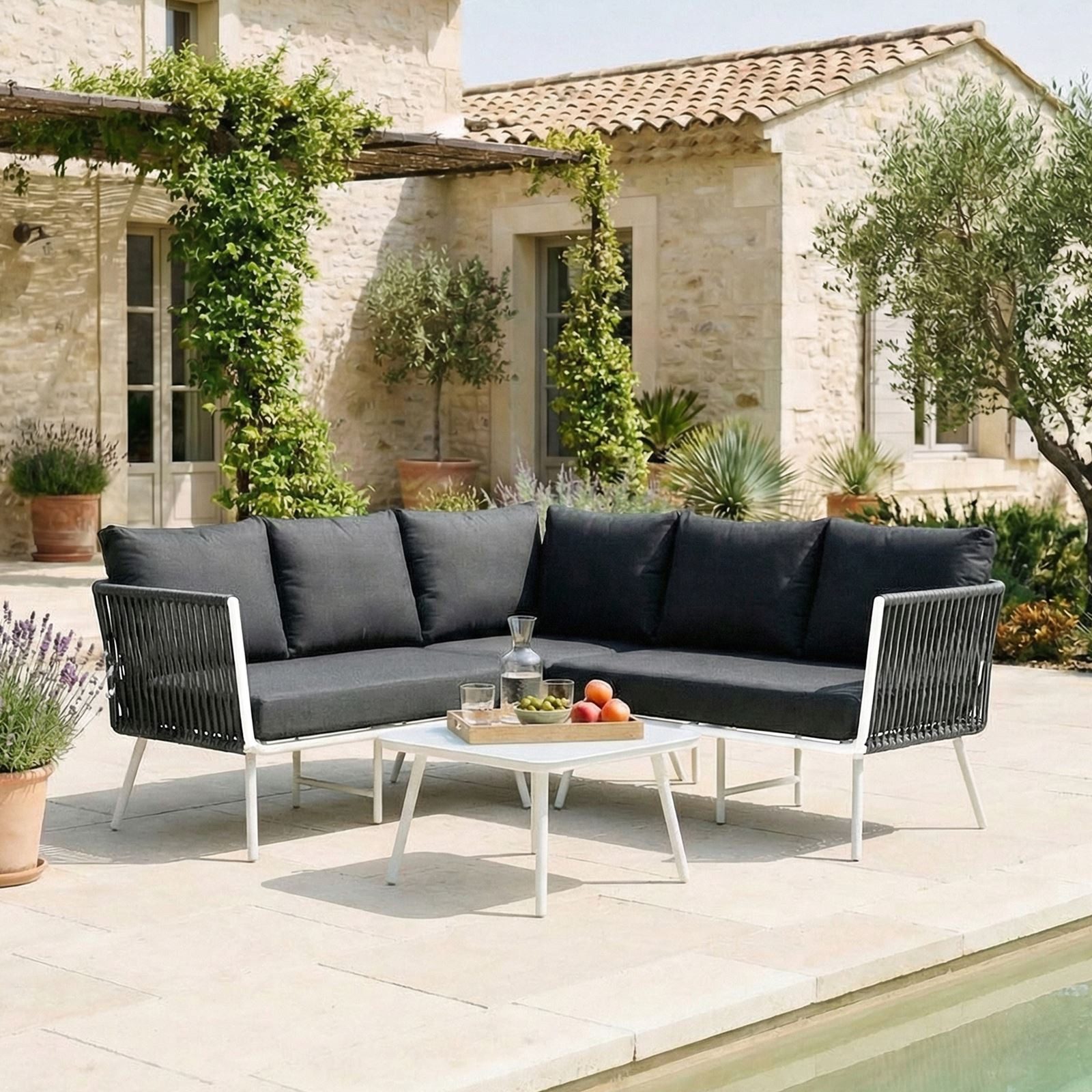 IDIMEX Gartenlounge-Set JAKARTA, Outdoor Ecksofa Balkon Lounge mit Kissen und Beistelltisch Weiß/Grau