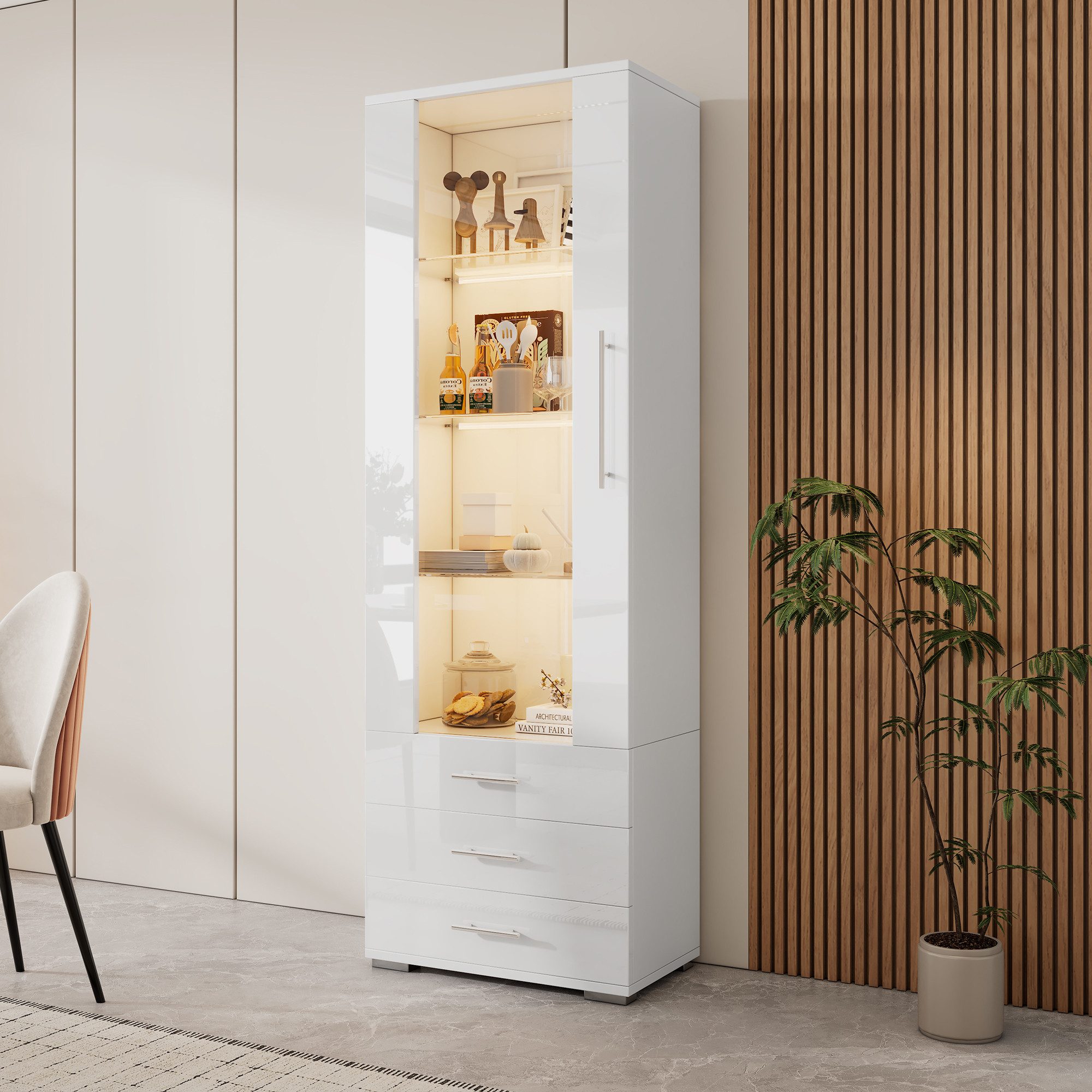 BlingBin Vitrine Hochglanzvitrine Glasvitrine Standvitrine mit LED-Beleuchtung (Aufbewahrungsschrank mit 3 Schubladen und 1-Tür, Gehärtetem Glas + Acryl, 1-St., Größe: 60*35*180cm, Tragfähig: 30kg, Bücherschrank) Vitrinenschränke für Wohnzimmer, Arbeitszimmer, MDF, Weiß